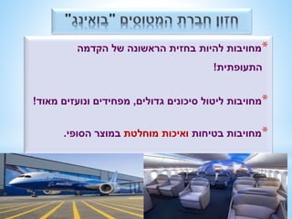 *מחויבות להיות בחזית הראשונה של הקדמה 
התעופתית! 
*מחויבות ליטול סיכונים גדולים, מפחידים ונועזים מאוד! 
*מחויבות בטיחות ואיכות מוחלטת במוצר הסופי. 
 
