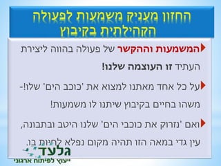 המשמעות וההקשר של פעולה בהווה ליצירת  
העתיד זו העוצמה שלנו! 
על כל אחד מאתנו למצוא את 'כוכב הים' שלו!- 
משהו בחיים בקיבוץ שיתנו לו משמעות! 
ואם 'נזרוק את כוכבי הים' שלנו היטב ובתבונה, 
עין גדי במאה הזו תהיה מקום נפלא לחיות בו. 
 