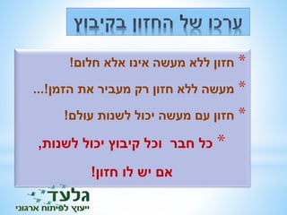 * חזון ללא מעשה אינו אלא חלום! 
* מעשה ללא חזון רק מעביר את הזמן!... 
* חזון עם מעשה יכול לשנות עולם! 
* כל חבר וכל קיבוץ יכול לשנות, 
אם יש לו חזון! 
 