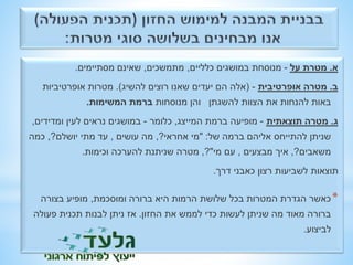 א. מטרת על - מנוסחת במושגים כלליים, מתמשכים, שאינם מסתיימים. 
ב. מטרה אופרטיבית - )אלה הם יעדים שאנו רוצים להשיג(. מטרות אופרטיביות 
באות להנחות את הצוות להשגתן והן מנוסחות ברמת המשימות. 
ג. מטרה תוצאתית - מופיעה ברמת המייצג, כלומר - במושגים נראים לעין ומדידים, 
שניתן להתייחס אליהם ברמה של: "מי אחראי?, מה עושים , עד מתי יושלם?, כמה 
משאבים?, איך מבצעים , עם מי"?, מטרה שניתנת להערכה וכימות. 
תוצאות לשביעות רצון כאבני דרך. 
*כאשר הגדרת המטרות בכל שלושת הרמות היא ברורה ומוסכמת, מופיע בצורה 
ברורה מאוד מה שניתן לעשות כדי לממש את החזון. אז ניתן לבנות תכנית פעולה 
לביצוע. 
 