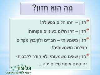 *חזון – זהו חלום בפעולה! 
*חזון – זהו חלום בעיניים פקוחות! 
*חזון משמעותי – חברים ולקיבוץ מקדים 
הצלחה משמעותית! 
*חזון שאינו משמעותי ולא חודר ללבבות- 
זה סתם אוסף מילים יפה.... 
 