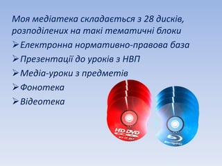Моя медіатека складається з 28 дисків, 
розподілених на такі тематичні блоки 
Електронна нормативно-правова база 
Презентації до уроків з НВП 
Медіа-уроки з предметів 
Фонотека 
Відеотека 
 