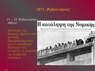 11997733 ΦΦεεββρροουυάάρριιοοςς 
2211 –– 2222 ΦΦεεββρροουυααρρίίοουυ 
ΑΑθθήήνναα :: 
ΚΚααττάάλληηψψηη ττηηςς 
ΝΝοομμιικκήήςς ΣΣχχοολλήήςς ααππόό 
φφοοιιττηηττέέςς 
δδιιααμμααρρττυυρρόόμμεεννοουυςς 
γγιιαα ττοο ννοομμοοθθεεττιικκόό 
δδιιάάττααγγμμαα πποουυ 
εεππιιττρρέέππεειι ττηη δδιιαακκοοππήή 
ττηηςς ααννααββοολλήήςς 
σσπποουυδδώώνν.. 
1133 
 