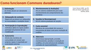 1. Delimitação 
Os limites devem ser claramente 
definidos 
2. Adequação de contexto 
Regras de uso devem ser adequadas 
às necessidades e condições locais 
3. Participação (e Coprodução) 
Indivíduos afetos às regras podem 
participar do processo de sua 
modificação 
4. Autonomia 
Direito dos membros da 
comunidade em revisar suas 
próprias regras é respeitado por 
autoridades externas 
5. Monitoramento (e Avaliação) 
Há um sistema estabelecido para auto-monitoramento 
do comportamento dos 
membros 
6. Sanções (e Recompensas) 
Há um sistema graduado de sanções 
7. Custo acessível 
Membros da comunidade têm acesso a 
mecanismos de baixo custo para resolução de 
conflitos 
8. Adocracia 
Governança (apropriação, provisão, 
monitoramento, sansões) e resolução de 
conflitos, em uma estrutura de múltiplas 
camadas de responsabilidades. 
Fonte: Ostrom (1990 – pp. 90- 
102) com títulos sugeridos por 
Pacheco, 2014) 
Como funcionam Commons duradouros? 
 