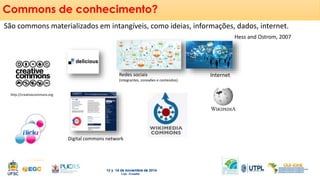 Commons de conhecimento? 
São commons materializados em intangíveis, como ideias, informações, dados, internet. 
Hess and Ostrom, 2007 
Redes sociais 
(integrantes, conexões e conteúdos) 
https://www.google.com.br/url?sa=i&rct=j&q=&esrc=s&source=images&cd=&cad=rja&uact=8&docid=umIvjRuDkbse1M&tbnid=Vm3z3JJi_pXIRM:&ved=0CAUQjRw&url=http%3A%2F%2Fwww.whatson 
mybrain.com%2Fmarketing-your-new-hypnosis-business%2F&ei=NoTWU5q_LKzisAT01oKYDQ&bvm=bv.71778758,d.cWc&psig=AFQjCNH6b2_41P9H_bTtWTYfUj4p-YOqrQ&ust=1406653860285540 
http://comaround.files.wordpress.com/2013/07/socila-network.jpg 
Internet 
http://creativecommons.org 
Digital commons network 
 