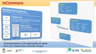 InCommons 
33 pesquisadores e 54 organizações de apoio 
Brasil, Peru, Estados Unidos, Alemanha, Portugal 
 