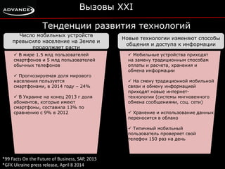 Вызовы XXI 
Тенденции развития технологий 
Число мобильных устройств 
превысило население на Земле и 
продолжает расти 
 В мире 1.5 млд пользователей 
смартфонов и 5 млд пользователей 
обычных телефонов 
 Прогнозируемая доля мирового 
населения пользуется 
смартфонами, в 2014 году – 24% 
 В Украине на конец 2013 г доля 
абонентов, которые имеют 
смартфоны, составила 13% по 
сравнению с 9% в 2012 
Новые технологии изменяют способы 
общения и доступа к информации 
 Мобильные устройства приходят 
на замену традиционным способам 
оплаты и расчета, хранения и 
обмена информации 
 На смену традиционной мобильной 
связи и обмену информацией 
приходят новые интернет- 
технологии (системы мнгновенного 
обмена сообщениями, соц. сети) 
 Хранение и использование данных 
переносится в облако 
 Типичный мобильный 
пользователь проверяет свой 
телефон 150 раз на день 
*99 Facts On the Future of Business, SAP, 2013 
*GFK Ukraine press release, April 8 2014 
 