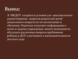 В МКДОУ создаются условия для максимального 
удовлетворения запросов родителей детей 
дошкольного возраста по их воспитанию и 
обучению. Родители получают информацию о 
целях и задачах учреждения, имеют возможность 
обсуждать различные вопросы пребывания 
ребенка в ДОУ, участвовать в жизнедеятельности 
детского сада. 
 