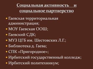  Гаевская территориальная 
администрация; 
 МОУ Гаевская ООШ; 
 Гаевский СДК; 
 МУЗ ЦГБ им. Шестовских Л.Г.; 
 Библиотека д. Гаева; 
 СПК «Пригородное»; 
 Ирбитский государственный колледж; 
 Ирбитский политехникум; 
 