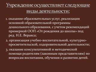 1. оказание образовательных услуг, реализация 
основной образовательной программы 
дошкольного образования, с учетом рекомендаций 
примерной ООП «От рождения до школы» под 
ред. Н.Е. Веракса; 
2. организация учебно-воспитательной, культурно- 
просветительской, оздоровительной деятельности; 
3. оказание консультативной и методической 
помощи родителям (законным представителям) по 
вопросам воспитания, обучения и развития детей. 
 