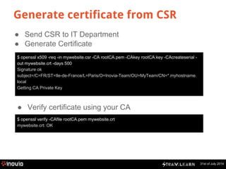 31st of July 2014 
Generate certificate from CSR 
● Send CSR to IT Department 
● Generate Certificate 
$ openssl x509 -req -in mywebsite.csr -CA rootCA.pem -CAkey rootCA.key -CAcreateserial - 
out mywebsite.crt -days 500 
Signature ok 
subject=/C=FR/ST=Ile-de-France/L=Paris/O=Inovia-Team/OU=MyTeam/CN=*.myhostname. 
local 
Getting CA Private Key 
● Verify certificate using your CA 
$ openssl verify -CAfile rootCA.pem mywebsite.crt 
mywebsite.crt: OK 
 