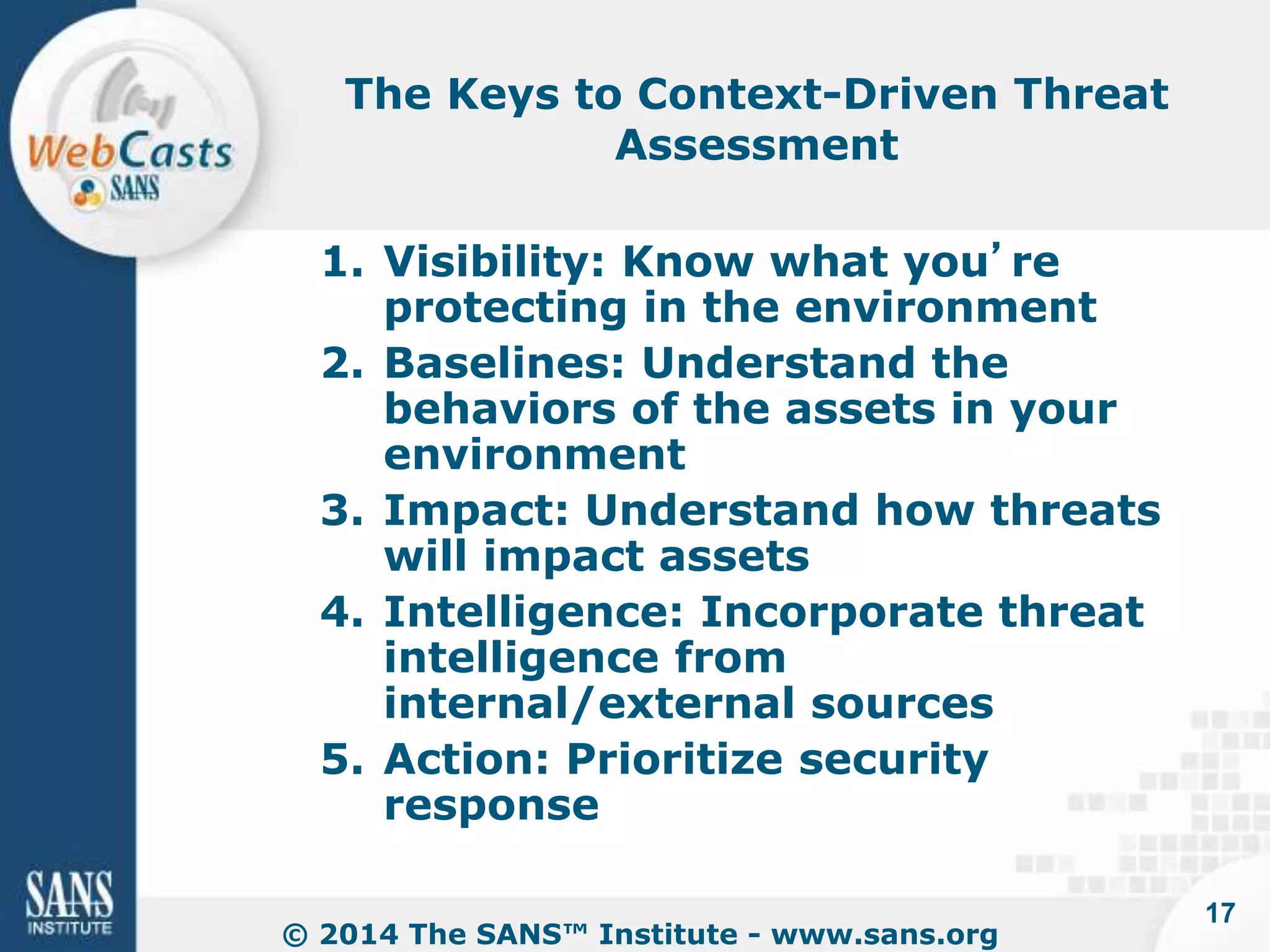 The Keys to Context-Driven Threat 
Assessment 
1. Visibility: Know what you’re 
protecting in the environment 
2. Baselines: Understand the 
behaviors of the assets in your 
environment 
3. Impact: Understand how threats 
will impact assets 
4. Intelligence: Incorporate threat 
intelligence from 
internal/external sources 
5. Action: Prioritize security 
response 
© 2014 The SANS™ Institute - www.sans.org 
17 
 