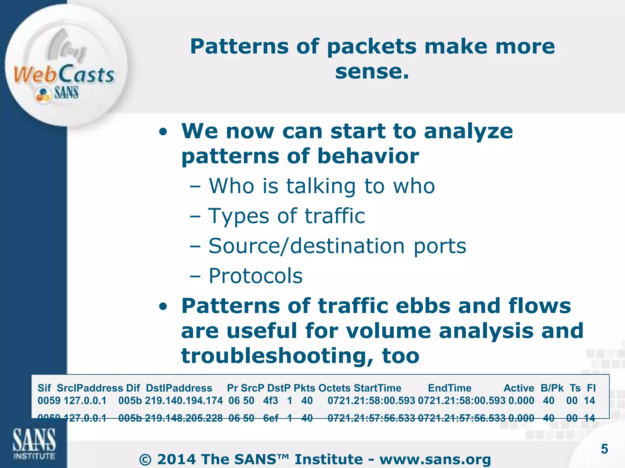 Patterns of packets make more 
sense. 
• We now can start to analyze 
patterns of behavior 
– Who is talking to who 
– Types of traffic 
– Source/destination ports 
– Protocols 
• Patterns of traffic ebbs and flows 
are useful for volume analysis and 
troubleshooting, too 
© 2014 The SANS™ Institute - www.sans.org 
5 
Sif SrcIPaddress Dif DstIPaddress Pr SrcP DstP Pkts Octets StartTime EndTime Active B/Pk Ts Fl 
0059 127.0.0.1 005b 219.140.194.174 06 50 4f3 1 40 0721.21:58:00.593 0721.21:58:00.593 0.000 40 00 14 
0059 127.0.0.1 005b 219.148.205.228 06 50 6ef 1 40 0721.21:57:56.533 0721.21:57:56.533 0.000 40 00 14 
 