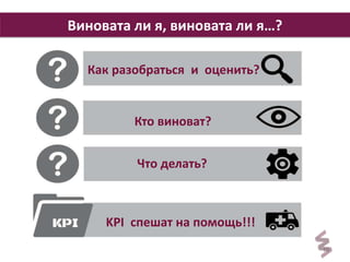 10 
Виновата ли я, виновата ли я…? 
Как разобраться и оценить? 
Кто виноват? 
Что делать? 
KPI спешат на помощь!!! 
 