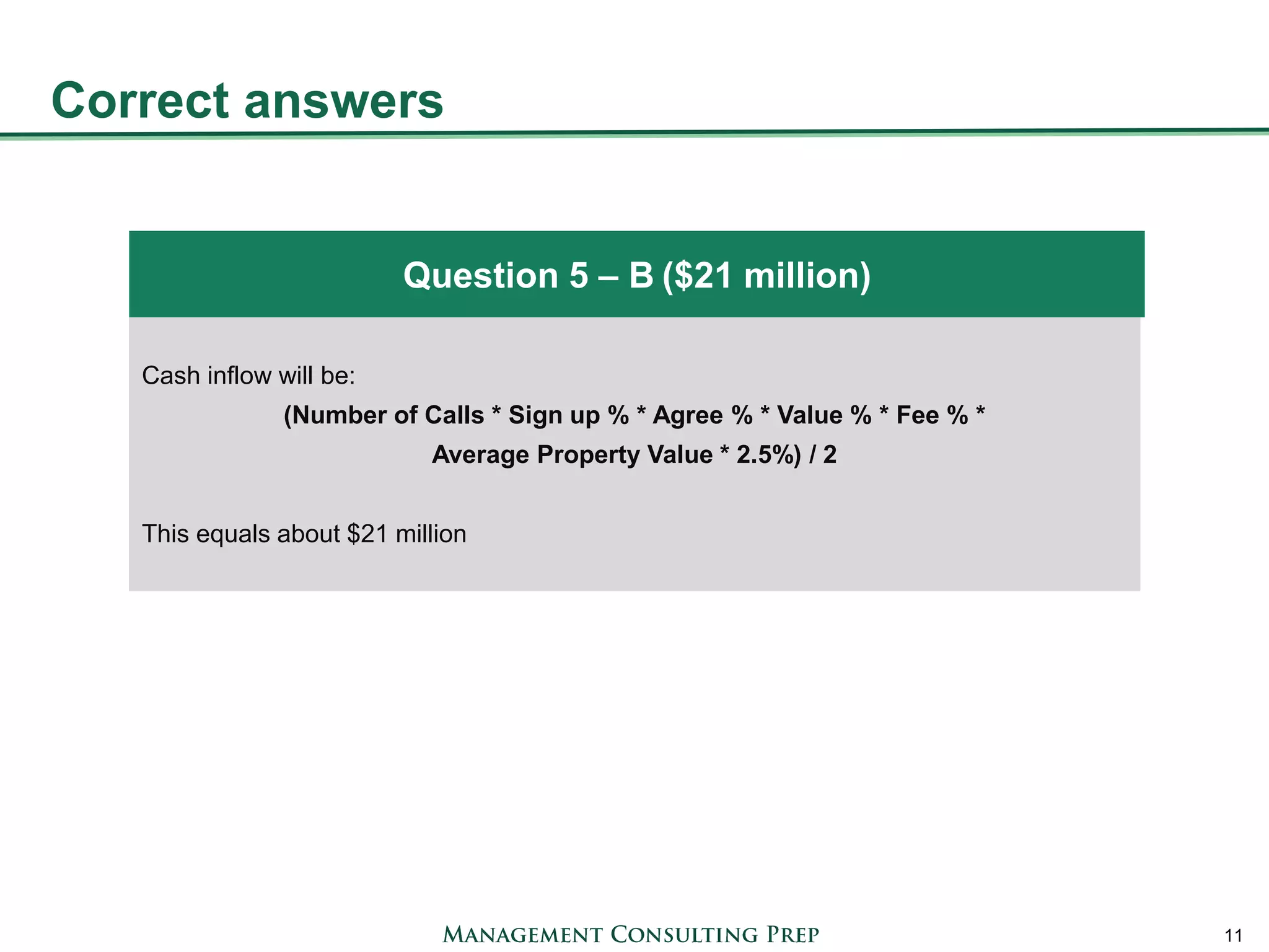 Correct answers 
11 
Cash inflow will be: 
(Number of Calls * Sign up % * Agree % * Value % * Fee % * 
Average Property Value * 2.5%) / 2 
This equals about $21 million 
Question 5 – B ($21 million)  