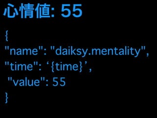心情値: 55 
{ 
"name": "daiksy.mentality", 
"time": ‘{time}’, 
"value": 55 
} 
 
