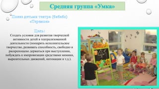 Создать условия для развития творческой 
активности детей в театрализованной 
деятельности (поощрять исполнительское 
творчество, развивать способность, свободно и 
раскрепощено держаться при выступлении, 
побуждать к импровизации средствами мимики, 
выразительных движений, интонации и т.д.). 
 