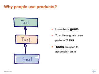 Why people use products? 
www.luxoft.com 
 Users have goals 
 To achieve goals users 
perform tasks 
 Tools are used to 
accomplish tasks 
 