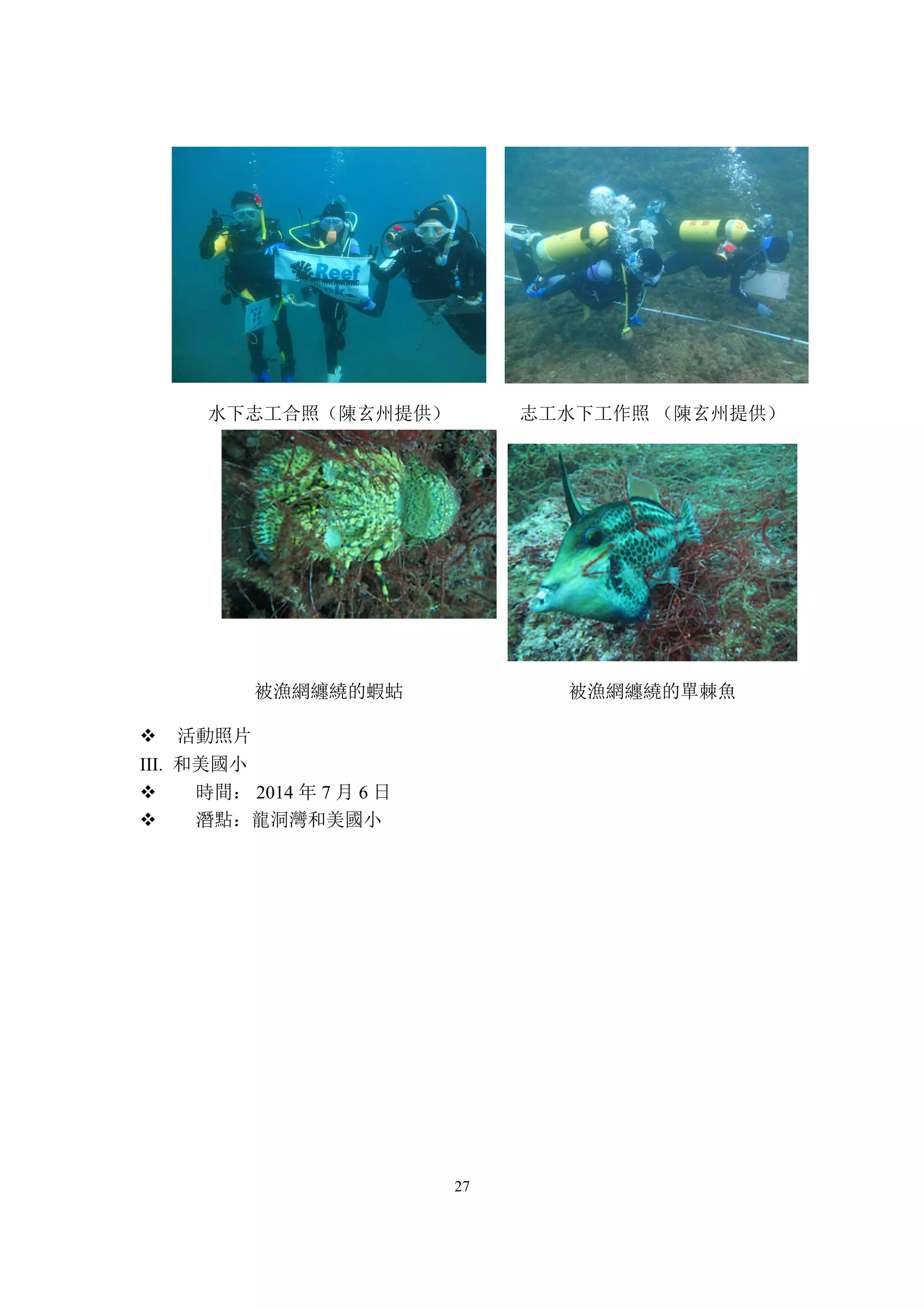 27
v 活動照片
III. 和美國小
v 時間： 2014 年 7 月 6 日
v 潛點：龍洞灣和美國小
水下志工合照（陳玄州提供） 志工水下工作照 （陳玄州提供）
被漁網纏繞的蝦蛄 被漁網纏繞的單棘魚
 
