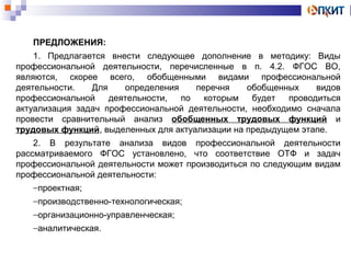 ПРЕДЛОЖЕНИЯ: 
1. Предлагается внести следующее дополнение в методику: Виды 
профессиональной деятельности, перечисленные в п. 4.2. ФГОС ВО, 
являются, скорее всего, обобщенными видами профессиональной 
деятельности. Для определения перечня обобщенных видов 
профессиональной деятельности, по которым будет проводиться 
актуализация задач профессиональной деятельности, необходимо сначала 
провести сравнительный анализ обобщенных трудовых функций и 
трудовых функций, выделенных для актуализации на предыдущем этапе. 
2. В результате анализа видов профессиональной деятельности 
рассматриваемого ФГОС установлено, что соответствие ОТФ и задач 
профессиональной деятельности может производиться по следующим видам 
профессиональной деятельности: 
-проектная; 
-производственно-технологическая; 
-организационно-управленческая; 
-аналитическая. 
 