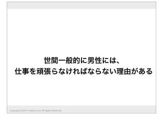 世間一般的に男性には、
仕事を頑張らなければならない理由がある
Copyright(C)2014 Natural Link All Rights Reserved
 