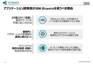 © 2014 IBM Corporation
より低コストで迅速に
製品やサービスを
市場に投⼊入するため
継続的に
アプリケーションの新機能を
提供し続けるため
ITインフラへの
既存の投資・資産を
有効活⽤用するため
何もないところから、わずか数分で
コードを実⾏行行する環境をデプロイ可能
数多くのアプリケーションの
開発およびデプロイを⾃自動化可能
オンプレミス環境にセキュアに接続し、
既存のアセットや保有資産を活⽤用可能
アプリケーション開発者がIBM Bluemixを使うべき理理由
18
 