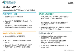 © 2014 IBM Corporation
主なユースケース
30,000のベータ・アプリケーションでの傾向
Webアプリケーション モバイル・バックエンド
APIやオンプレミスとの連携 分析やレポーティング
•  ⼩小売業におけるオンライン店舗
•  Bluemixをデータ収集基盤やダッシュボードと
して活⽤用
•  IaaSと⽐比較し、ミドルウェア基盤のセットアップ
⼯工数／時間を⽇日単位から分単位にまで削減 •  Bluemix SDKの活⽤用により、iOSやAndroidの
ネイティブ・アプリケーションを統合
•  モバイル端末上のビジネス・ロジックをクラウド
上にオフロード
•  IaaS上のカスタム・コードをモバイル・バックエン
ドにリプレース  （プッシュ通知など）
•  Bluemixと連携したAPI群の提供
•  オンプレミスにある既存データや既存システム
を活⽤用
•  Bluemixを介し、オンプレミスにあるデータにア
クセスするモバイル・アプリケーションを開発
•  IBM Cognos Business Intelligence  の
情報をアプリケーションに組み込み
•  ビジネス・データの保存および分析にIBM
Analytics Warehouseを活⽤用
•  アプリケーションの稼動状況をリアルタイムに確
認および管理理
37
 