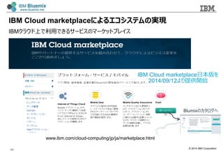© 2014 IBM Corporation
IBM Cloud marketplace⽇日本版を
2014/09/12より提供開始
Blumixのカタログへ
www.ibm.com/cloud-computing/jp/ja/marketplace.html
IBM Cloud marketplaceによるエコシステムの実現
40
IBMクラウド上で利利⽤用できるサービスのマーケットプレイス
 
