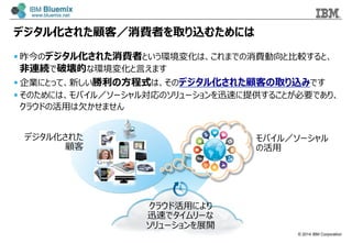 © 2014 IBM Corporation
デジタル化された顧客／消費者を取り込むためには
§ 昨今のデジタル化された消費者という環境変化は、これまでの消費動向と⽐比較すると、
⾮非連続で破壊的な環境変化と⾔言えます
§ 企業にとって、新しい勝利利の⽅方程式は、そのデジタル化された顧客の取り込みです
§ そのためには、モバイル／ソーシャル対応のソリューションを迅速に提供することが必要であり、
クラウドの活⽤用は⽋欠かせません
デジタル化された
顧客
モバイル／ソーシャル
の活⽤用
クラウド活⽤用により
迅速でタイムリーな
ソリューションを展開
 