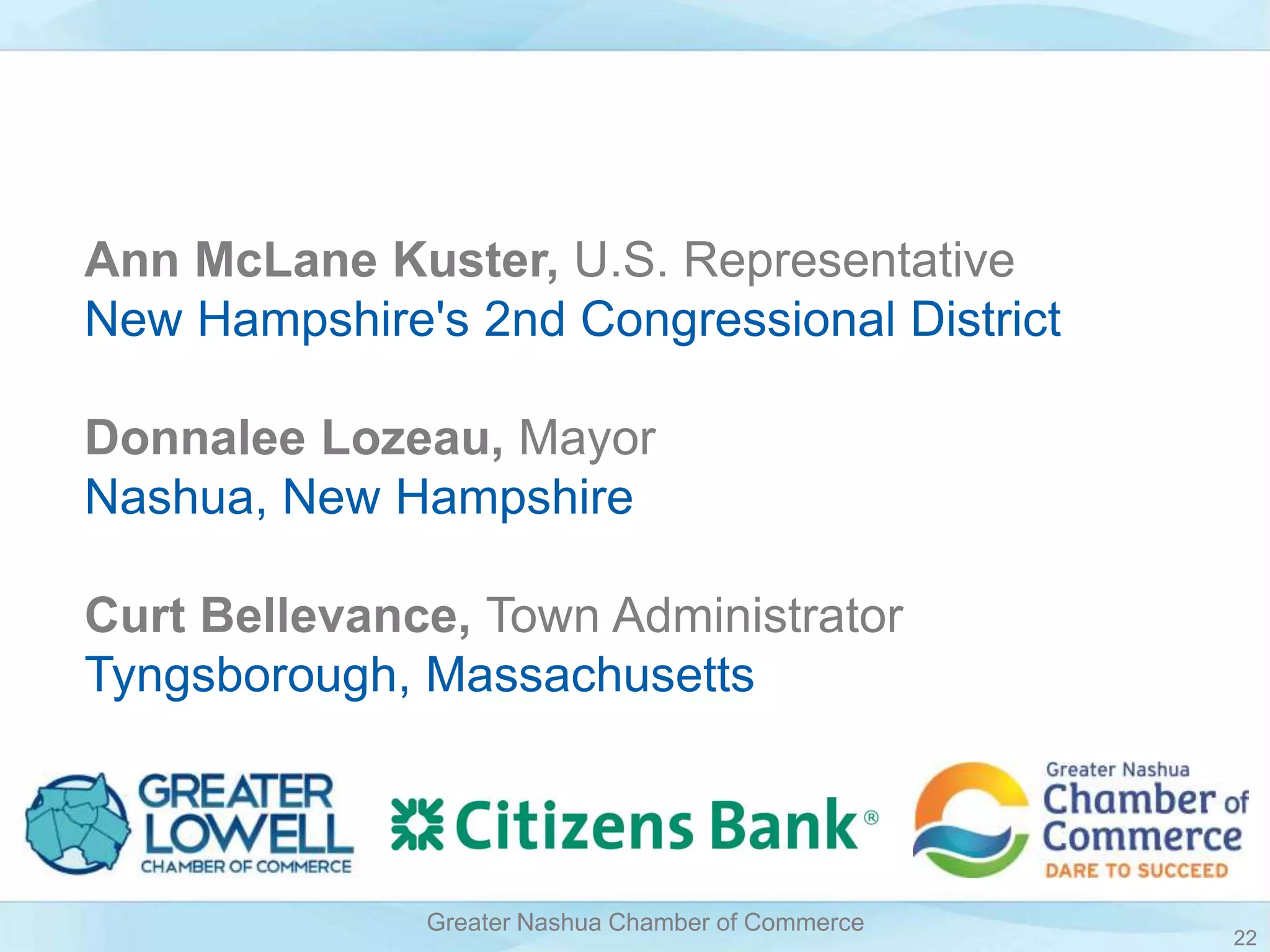 22
Greater Nashua Chamber of Commerce
Ann McLane Kuster, U.S. Representative
New Hampshire's 2nd Congressional District
Donnalee Lozeau, Mayor
Nashua, New Hampshire
Curt Bellevance, Town Administrator
Tyngsborough, Massachusetts
 