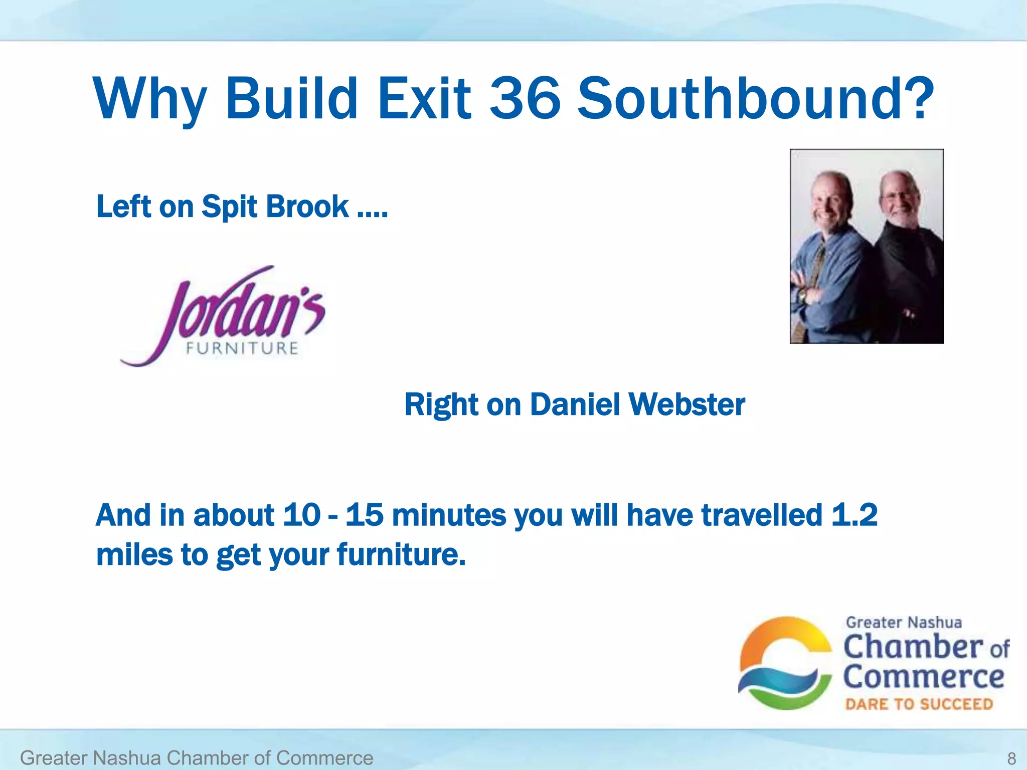 Why Build Exit 36 Southbound?
And in about 10 - 15 minutes you will have travelled 1.2
miles to get your furniture.
Greater Nashua Chamber of Commerce 8
Left on Spit Brook ….
Right on Daniel Webster
 