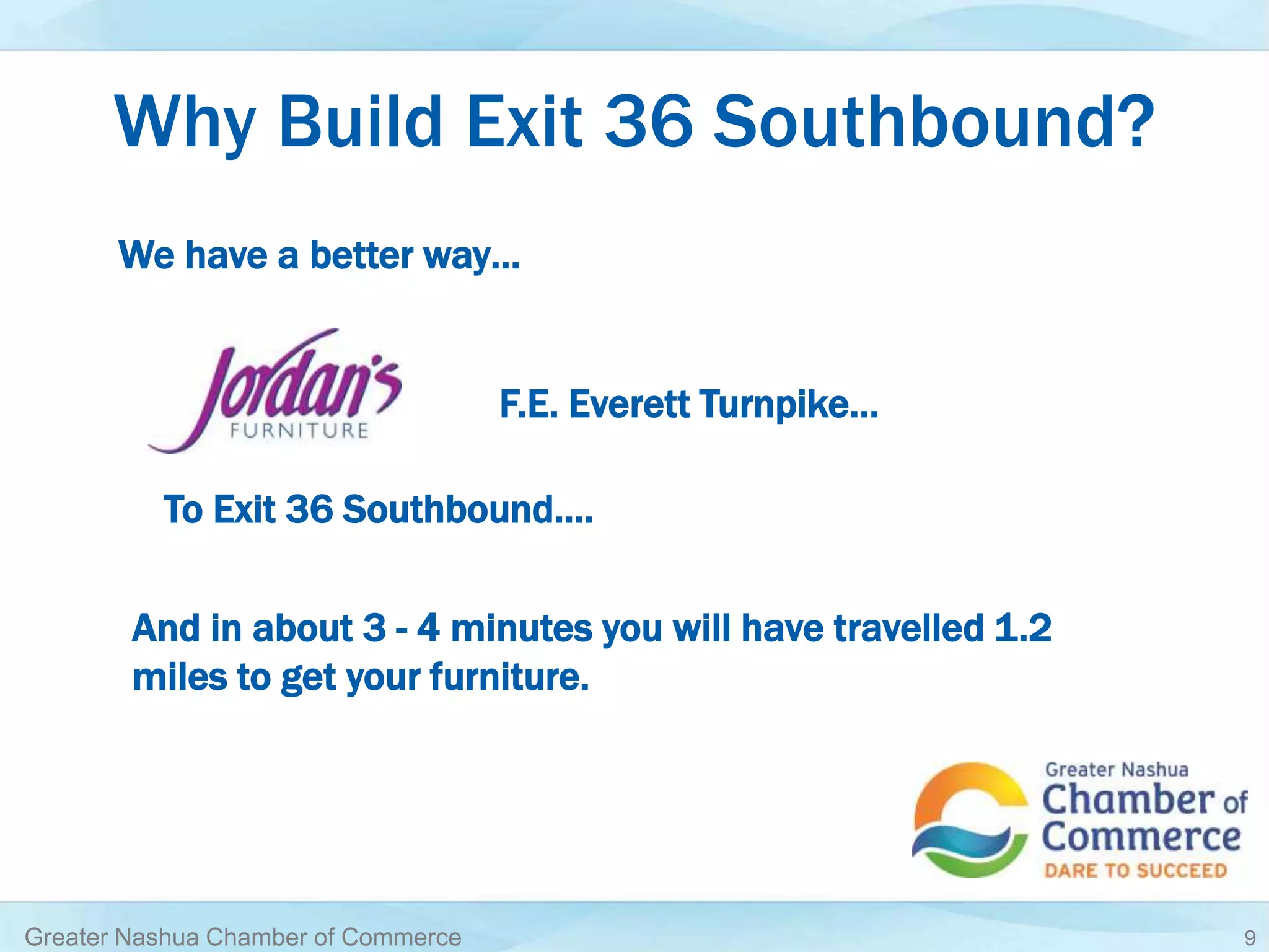 Why Build Exit 36 Southbound?
Greater Nashua Chamber of Commerce 9
We have a better way…
F.E. Everett Turnpike…
To Exit 36 Southbound….
And in about 3 - 4 minutes you will have travelled 1.2
miles to get your furniture.
 