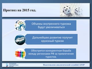 Прогноз на 2015 год.
Подготовлено аналитической службой АТОР
Объемы внутреннего туризма
будут увеличиваться
Дальнейшее развитие получит
круизный туризм
Обострится конкурентная борьба
между регионами РФ за привлечение
туристов.
 