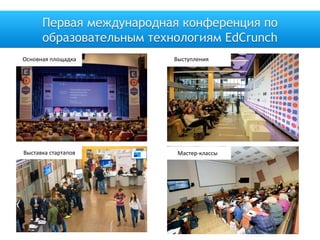 Первая международная конференция по
образовательным технологиям EdCrunch
Выставка стартапов
Основная площадка Выступления
Мастер-классы
 