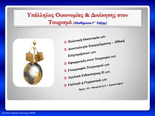 Επιμέλεια: Δημήτριος Ταμπούρης (ΠΕ09)
Υπάλληλος Οικονομίας & Διοίκησης στον
Τουρισμό (Μαθήματα Γ΄ Τάξης)
 