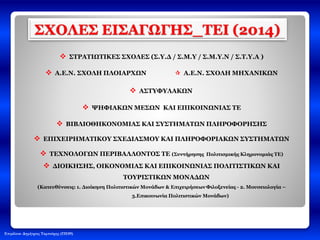 Επιμέλεια: Δημήτριος Ταμπούρης (ΠΕ09)
ΣΧΟΛΕΣ ΕΙΣΑΓΩΓΗΣ_ΤΕΙ (2014)
 ΣΤΡΑΤΙΩΤΙΚΕΣ ΣΧΟΛΕΣ (Σ.Υ.Δ / Σ.Μ.Υ / Σ.Μ.Υ.Ν / Σ.Τ.Υ.Α )
 Α.Ε.Ν. ΣΧΟΛΗ ΠΛΟΙΑΡΧΩΝ  Α.Ε.Ν. ΣΧΟΛΗ ΜΗΧΑΝΙΚΩΝ
 ΑΣΤΥΦΥΛΑΚΩΝ
 ΨΗΦΙΑΚΩΝ ΜΕΣΩΝ ΚΑΙ ΕΠΙΚΟΙΝΩΝΙΑΣ ΤΕ
 ΒΙΒΛΙΟΘΗΚΟΝΟΜΙΑΣ ΚΑΙ ΣΥΣΤΗΜΑΤΩΝ ΠΛΗΡΟΦΟΡΗΣΗΣ
 ΕΠΙΧΕΙΡΗΜΑΤΙΚΟΥ ΣΧΕΔΙΑΣΜΟΥ ΚΑΙ ΠΛΗΡΟΦΟΡΙΑΚΩΝ ΣΥΣΤΗΜΑΤΩΝ
 ΤΕΧΝΟΛΟΓΩΝ ΠΕΡΙΒΑΛΛΟΝΤΟΣ ΤΕ (Συντήρησης Πολιτισμικής Κληρονομιάς ΤΕ)
 ΔΙΟΙΚΗΣΗΣ, ΟΙΚΟΝΟΜΙΑΣ ΚΑΙ ΕΠΙΚΟΙΝΩΝΙΑΣ ΠΟΛΙΤΙΣΤΙΚΩΝ ΚΑΙ
ΤΟΥΡΙΣΤΙΚΩΝ ΜΟΝΑΔΩΝ
(Κατευθύνσεις: 1. Διοίκηση Πολιτιστικών Μονάδων & Επιχειρήσεων Φιλοξενείας - 2. Μουσειολογία –
3.Επικοινωνία Πολιτιστικών Μονάδων)
 