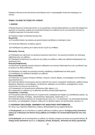 Παρακάτω δίνονται συνοπτικά κάποια αποσπάσματα από το προαναφερθέν Αναλυτικό πρόγραμμα του 
Λυκείου. 
ΓΕΝΙΚΑ ΓΙΑ ΟΛΕΣ ΤΙΣ ΤΑΞΕΙΣ ΤΟΥ ΛΥΚΕΙΟΥ 
1. ΣΚΟΠΟΣ 
Η Φυσική Αγωγή στο Λύκειο έχει σκοπό, με τις γυμναστικές, κινητικές δραστηριότητες να αναπτύξει ισόρροπα κι 
αρμονικά τις σωματικές, ψυχικές και πνευματικές δυνάμεις των μαθητών και να τους καταστήσει ικανούς να 
ενταχθούν αρμονικά στο κοινωνικό σύνολο. 
Οι επιμέρους στόχοι της Φυσικής Αγωγής είναι: 
Βιωματικός 
α) Η συνειδητοποίηση της ανάγκης για φυσική άσκηση και άθληση σε ολόκληρη τη ζωή. 
β) Η απόκτηση αθλητικών συνηθειών (χόμπι). 
γ) Η καλλιέργεια της αγάπης για τη φύση και για τη ζωή της υπαίθρου. 
Βιολογικός- Υγιεινός 
α) Η διατήρηση και η βελτίωση των φυσικών-σωματικών ικανοτήτων, που μειώνονται εξαιτίας της πολύωρης 
καθιστικής ζωής των μαθητών. 
β) Η διατήρηση και βελτίωση της υγείας και της ευεξίας των μαθητών, καθώς και η βασική σκληραγώγηση του 
οργανισμού τους. 
Κινητικός-Εκφραστικός 
α) Η βελτίωση της βασικής τεχνικής ορισμένων αθλημάτων και κινητικών δραστηριοτήτων και η εμπέδωσή τους 
με αγώνες ή με άλλες εκδηλώσεις. 
β) Η διατήρηση της λαϊκής και ευρύτερης κινητικής παράδοσης (παραδοσιακοί και άλλοι χοροί). 
γ) Η καλλιέργεια του αισθητικού κριτηρίου των μαθητών. 
Κοινωνικός-Ηθικός 
α) Η ανάπτυξη των ψυχικών δυνάμεων (θέληση, υπομονή, επιμονή, θάρρος, αυτοκυριαρχία, αυτοπεποίθηση, 
αγωνιστικότητα κτλ.). 
β) Η ανάπτυξη ηθικών και κοινωνικών αρετών (τιμιότητα στον αγώνα, συνεργασία, αλληλεγγύη, ομαδικό πνεύμα, 
αξιοκρατία, δικαιοσύνη, αυτοπειθαρχία, υπευθυνότητα, σεβασμός των αντιπάλων, μετριοφροσύνη, σωστή 
αντιμετώπιση της νίκης και της ήττας κτλ.). 
γ) Ο περιορισμός των αντικοινωνικών εκδηλώσεων (βία, ύβρεις κ.τ.λ.). 
δ) Η ψυχαγωγία των μαθητών με τις αθλητικές και άλλες κινητικές δραστηριότητες. 
Πνευματικός - Γνωστικός 
α) Η πνευματική ανάπτυξη (βελτίωση του νευρικού ιστού, καλλιέργεια και ανάμιξη της κιναισθητικής ευφυΐας, της 
ικανότητας προσοχής, αντίληψης, εφευρετικότητας, δημιουργίας, οργάνωσης κ.τ.λ.). 
β) Η απόκτηση γνώσεων σχετικών με τη φυσική αγωγή, όπως π.χ.: των κανονισμών, της ολυμπιακής ιδεολογίας 
και κίνησης, των λαογραφικών στοιχείων, καθώς και των βασικών αρχών της προπονητικής, υγιεινής κ.τ.λ. 
2. ΥΛΟΠΟΙΗΣΗ ΤΩΝ ΣΤΟΧΩΝ - ΕΦΑΡΜΟΓΗ ΤΟΥ ΑΝΑΛΥΤΙΚΟΥ ΠΡΟΓΡΑΜΜΑΤΟΣ 
Απ' όλους τους παραπάνω διδακτικούς στόχους, ιδιαίτερη βαρύτητα και έμφαση θα δίνεται: 
α) Στο βιωματικό, για να αποκτήσουν οι μαθητές αθλητικές συνήθειες (χόμπι). Ο στόχος αυτός υλοποιείται 
κυρίως με το δικαίωμα που δίνεται στους μαθητές να επιλέξουν την κινητική δραστηριότητα που τους 
αρέσει 
β) Στο βιολογικό, για να αναπληρώσουν οι μαθητές την έλλειψη ευκαιριών για κίνηση και σωματική άσκηση. Ο 
στόχος αυτός υλοποιείται άμεσα με τις δρομικές, αλτικές, δυναμικές , διατατικές και άλλες γυμναστικές 
29 
 