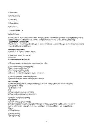 2) Σαμαρίνας. 
3) Καλαματιανός. 
4) Τσάμικος. 
5) Πεντοζάλης. 
6) Ποντιακός. 
7) Τοπικοί χοροί, κ.ά. 
Άλλα αθλήματα 
Είναι δυνατό να περιληφθούν στον ετήσιο προγραμματισμό και άλλα αθλήματα και κινητικές δραστηριότητες, 
εφόσον υπάρχουν ενδιαφερόμενοι μαθητές και προϋποθέσεις για την οργάνωση του μαθήματος. 
ΕΞΕΤΑΣΤΕΑ ΑΝΤΙΚΕΙΜΕΝΑ 
Οι μαθητές που θα επιλέξουν ένα άθλημα σε κάποιο τετράμηνο ή και σε ολόκληρο το έτος θα εξετάζονται στα 
παρακάτω θέματα κατά άθλημα: 
Πετοσφαίριση (Βόλεϊ) 
α) Πάσα με τα δάχτυλα και τους πήχεις. 
β) Βολή από πάνω (τύπου τένις), 
γ) Πτώσεις. 
Καλαθοσφαίριση (Μπάσκετ) 
α) Σταμάτημα μετά από ντρίμπλα και στη συνέχεια πίβοτ. 
β) Σουτ από στάση (ελεύθερη βολή). 
γ) Σουτ από κίνηση (μπάσιμο). 
Χειροσφαίριση (Χάντμπολ) 
α) Βασικό σουτ (από το ύψος του ώμου) από στάση 
β) Σουτ με γονάτιση και πτώση μπροστά, 
γ) Βασικό σουτ μετά από δύο-τρία βήματα και άλμα. 
Ποδόσφαιρο 
α) Σταμάτημα της μπάλας και προώθηση της με το μέσα και έξω μέρος του ποδιού (κοντρόλ). 
β) Κεφαλιά σε στάση. 
γ) «Σκαφτό» σουτ. 
Στίβος 
α) Τεχνική συσπειρωτικής εκκίνησης. 
β) Τεχνική άλματος σε μήκος ή τριπλούν. 
γ) Τεχνική ρίψης σφαιροβολίας. 
Γυμναστική 
α) Απλή κατακόρυφη με στήριξη. 
β) Κυβίστηση σε στρώμα ή μια μικρή απλή σειρά ασκήσεων με μπάλα, κορδέλα, στεφάνι, σχοινί 
(για τις μαθήτριες) ή μια μικρή απλή σειρά ελεύθερων ασκήσεων εδάφους (για τους μαθητές). 
Χορός 
α) Μακελάρικος. 
β) Καλαματιανός. 
γ) Ένας τοπικός. 
31 
 