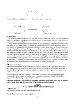 Φυσικές επιστήμες 
Ηλεκτρισμός-Μαγνητισμός (Έρστεντ) Θερμότητα- Ενέργεια ( Φάραντεϋ) 
Ρομαντισμός Ρεαλισμός 
Ρεύματα τέχνης 
Συμβολισμός Παρνασσισμός 
Δ. Αξιολόγηση 
Οι δύο ερωτήσεις-δραστηριότητες στο τέλος της ενότητας στηρίζονται, κυρίως, στο περιεχόμενό της 
(αφήγηση, παραθέματα, εικονογράφηση), ενώ η δεύτερη από αυτές καλλιεργεί παράλληλα τη φαντασία και το 
δημιουργικό πνεύμα των μαθητών. 
Τέλος, επισημαίνουμε ότι απαραίτητη προϋπόθεση για την κατανόηση του μαθήματος της Ιστορίας είναι η 
διδασκαλία της ύλης χωρίς χάσματα και ασυνέχειες. Η αποσπασματικότητα δεν επιτρέπει στους μαθητές να 
κατανοήσουν την αιτιακή σχέση που συνδέει μεταξύ τους τα ιστορικά γεγονότα ούτε το πλέγμα των συνθηκών 
υπό τις οποίες αυτά συντελέστηκαν. Σε περίπτωση, ωστόσο, που η συστηματική διδασκαλία όλου του βιβλίου 
καθίσταται αδύνατη λόγω αντικειμενικών προβλημάτων, θα μπορούσαν για την εξοικονόμηση χρόνου να 
διδάσκονται περιληπτικά (αναφορά των κύριων σημείων στο πλαίσιο μιας άλλης αναλυτικά διδασκόμενης 
ενότητας) ορισμένες διδακτικές ενότητες χωρίς αυτό να σημαίνει ότι επιτρέπεται να παραλείπονται 
ολοσχερώς. Επίσης, θα πρέπει να ληφθεί υπόψη για όλες τις τάξεις ότι οι ιστορικές πηγές που περιέχονται 
στα σχολικά βιβλία Ιστορίας δεν αποτελούν προέκταση της αφήγησης του βιβλίου και, επομένως, δεν πρέπει 
να διδάσκονται ως επιπλέον γνωστικά στοιχεία, των οποίων ζητείται κατά τις εξετάσεις η εκμάθηση, αλλά 
αποτελούν μεθοδολογικά εργαλεία για την άσκηση της κριτικής σκέψης των μαθητών. 
Διδακτικές σημειώσεις: 
α. Απαραίτητη προϋπόθεση για την κατανόηση των ιστορικών γεγονότων είναι η διδασκαλία της ιστορικής 
ύλης χωρίς χάσματα και ασυνέχειες. Γι’ αυτό χρήσιμο θα ήταν στο πλαίσιο της συστηματικής διδασκαλίας της 
διδακτέας-εξεταστέας ύλης να δίδονται με κάθε δυνατή συντομία και τα κύρια σημεία των ενοτήτων που δεν 
περιέχονται σε αυτήν. 
β. Οι ιστορικές πηγές που περιέχονται στο σχολικό βιβλίο δεν αποτελούν προέκταση της αφήγησης και, 
επομένως, δεν πρέπει να διδάσκονται ως επιπλέον γνωστικά στοιχεία, αλλά αποτελούν μεθοδολογικά 
εργαλεία για την άσκηση της κριτικής σκέψης των μαθητών. 
Σημείωση: Οι αναφορές στις σελίδες του διδακτικού εγχειριδίου της Ιστορίας έχουν γίνει με βάση την 
έκδοση του 2013 και προγενέστερες εκδόσεις του ίδιου διδακτικού εγχειριδίου. 
ΑΛΓΕΒΡΑ 
Γ΄ ΤΑΞΗ ΕΣΠΕΡΙΝΟΥ ΕΠΑΓΓΕΛΜΑΤΙΚΟΥ ΛΥΚΕΙΟΥ 
Ι. Διδακτέα ύλη 
Από το βιβλίο «Άλγεβρα Β΄ Γενικού Λυκείου» (έκδοση 2014). 
Κεφ. 4ο: Πολυώνυμα - Πολυωνυμικές εξισώσεις 
42 
 