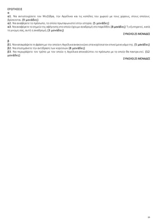 23
ΕΡΩΤΗΣΕΙΣ
α
α1. Να αντιστοιχίσετε τον Μυζήθρα, την Αγγέλικα και τις κοπέλες του χωριού με τους χώρους, στους οποίους
βρίσκονται. (9 μονάδες)
α2. Να αναφέρετε το πρόσωπο, το οποίο πρωταγωνιστεί στην ιστορία. (5 μονάδες)
α3. Νααναφέρετετοσημείοτης αφήγησηςστοοποίο έχουμεαναδρομή στοπαρελθόν.(8 μονάδες) Τι εξυπηρετεί, κατά
τη γνώμη σας, αυτή η αναδρομή; (3 μονάδες)
ΣΥΝΟΛΟ:25 ΜΟΝΑΔΕΣ
β
β1. Νακαταγράψετετηφράσημε την οποίαη Αγγέλικαανακοινώνειστακορίτσιατον επικείμενογάμοτης. (5 μονάδες)
β2. Να επισημάνετε την αντίδραση των κοριτσιών.(8 μονάδες)
β3. Να περιγράψετε τον τρόπο με τον οποίο η Αγγέλικα αποκαλύπτει το πρόσωπο με το οποίο θα παντρευτεί. (12
μονάδες)
ΣΥΝΟΛΟ:25 ΜΟΝΑΔΕΣ
 
