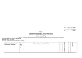 Заст.Директора з НВЧ
___________Н.А.Бідна
«___»_________2014р
План
Виробничого навчання в учбових майстернях
Криворізького професійного будівельного ліцею
У счні місяці 2014р.
Група № 5 професія Електрогазозварник, електрозварник напівавтоматичних та автоматичних машинах
Майстер виробничого навчання Литвин Н.В.
Кількість учнів у групі 26чол
Загальний фонд учбового часу на виробничу частину.________
№ та найменування теми
та підтеми програми
К-
ть
годи
н
Найменування виконаних робіт
Складністьробіт
К-тьробітна1-гоучня
Відміткапровиконання
Примітка
 