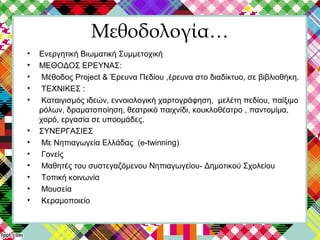 Μεθοδολογία…
• Ενεργητική Βιωματική Συμμετοχική
• ΜΕΘΟΔΟΣ ΕΡΕΥΝΑΣ:
• Μέθοδος Project & Έρευνα Πεδίου ,έρευνα στο διαδίκτυο, σε βιβλιοθήκη.
• ΤΕΧΝΙΚΕΣ :
• Καταιγισμός ιδεών, εννοιολογική χαρτογράφηση, μελέτη πεδίου, παίξιμο
ρόλων, δραματοποίηση, θεατρικό παιχνίδι, κουκλοθέατρο , παντομίμα,
χορό, εργασία σε υποομάδες.
• ΣΥΝΕΡΓΑΣΙΕΣ
• Με Νηπιαγωγεία Ελλάδας (e-twinning)
• Γονείς
• Μαθητές του συστεγαζόμενου Νηπιαγωγείου- Δημοτικού Σχολείου
• Τοπική κοινωνία
• Μουσεία
• Κεραμοποιείο
 