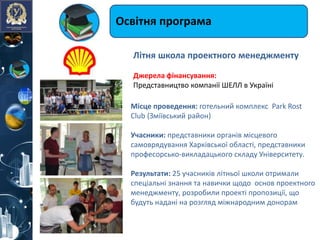 Освітня програма
Джерелa фінансування:
Представництво компанії ШЕЛЛ в Україні
Місце проведення: готельний комплекс Park Rost
Club (Зміївський район)
Учасники: представники органів місцевого
самоврядування Харківської області, представники
професорсько-викладацького складу Університету.
Результати: 25 учасників літньої школи отримали
спеціальні знання та навички щодо основ проектного
менеджменту, розробили проекті пропозиції, що
будуть надані на розгляд міжнародним донорам
Літня школа проектного менеджменту
 