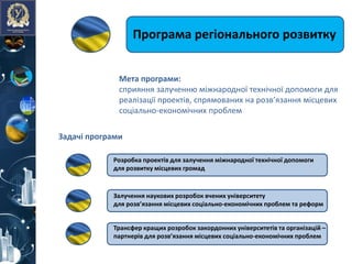Програма регіонального розвитку
Мета програми:
сприяння залученню міжнародної технічної допомоги для
реалізації проектів, спрямованих на розв’язання місцевих
соціально-економічних проблем
Задачі програми
Залучення наукових розробок вчених університету
для розв’язання місцевих соціально-економічних проблем та реформ
Розробка проектів для залучення міжнародної технічної допомоги
для розвитку місцевих громад
Трансфер кращих розробок закордонних університетів та організацій –
партнерів для розв’язання місцевих соціально-економічних проблем
 