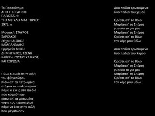 Το Προσκύνημα
ΑΠΟ ΤΗ ΘΕΑΤΡΙΚΗ
ΠΑΡΑΣΤΑΣΗ:
''ΤΟ ΜΕΓΑΛΟ ΜΑΣ ΤΣΙΡΚΟ''
1973, α
Μουσική: ΣΤΑΥΡΟΣ
ΞΑΡΧΑΚΟΣ
Στίχοι: ΙΑΚΩΒΟΣ
ΚΑΜΠΑΝΕΛΛΗΣ
Ερμηνεία: ΝΙΚΟΣ
ΔΗΜΗΤΡΑΤΟΣ, ΤΖΕΝΗ
ΚΑΡΕΖΗ, ΚΩΣΤΑΣ ΚΑΖΑΚΟΣ,
ΚΑΙ ΧΟΡΩΔΙΑ
Πάμε κι εμείς στην αυλή
του φθινοπώρου
πίσω απ' τα πετρωμένα
στάχυα του καλοκαιριού
πάμε κι εμείς στα παιδιά
που κοιμήθηκαν
κάτω απ' τα ματωμένα
νύχια του περιστεριού
πάμε να δεις στην αυλή
που μεγάλωσαν
Δυο παιδιά ερωτευμένα
δυο παιδιά του χαμού
Ορέστη απ' το Βόλο
Μαρία απ' τη Σπάρτη
γυρεύω το γιο μου
Μαρία απ' τη Σπάρτη
Ορέστη απ' το Βόλο
την κόρη μου θέλω
Δυο παιδιά ερωτευμένα
δυο παιδιά του Χαμού
Ορέστη απ' το Βόλο
Μαρία απ' τη Σπάρτη
γυρεύω το γιο μου
Μαρία απ' τη Σπάρτη
Ορέστη απ' το Βόλο
την κόρη μου θέλω
 
