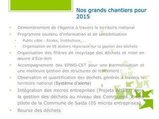 Nos grands chantiers pour
2015
• Démembrement de l’Agence à travers le territoire national
• Programme soutenu d’information et de sensibilisation
• Public cible : Ecoles, Institutions,….
• Organisation de 05 ateliers régionaux sur la gestion des déchets
• Organisation des filières de recyclage des déchets et mise en
œuvre d’Eco-Jem
• Accompagnement des EPWG-CET pour une harmonisation et
une meilleure gestion des structures de traitement
• Observation et quantification des déchets générés à travers le
territoire national (Système d’alerte)
• Intégration des micros entreprises (Projets ANSEJ) dans
la gestion des déchets au niveau des Communes. Projet
pilote de la Commune de Saida (05 micros entreprises)
• Bourse des déchets
 