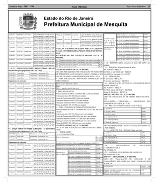 Estado do Rio de Janeiro
Prefeitura Municipal de Mesquita
Atos Oﬁciais 5Terça-feira, 02/12/2014 |Jornal de Hoje - 2667 -1100
3ª parcela 29/05/2015 sexta-feira Após 29/05/2015, multa de 5% mais
juros de mora de 1% para cada mês.
4ª parcela 30/06/2015 terça-feira Após 30/06/2015, multa de 5% mais
juros de mora de 1% para cada mês.
5ª parcela 31/07/2015 sexta-feira Após 31/07/2015, multa de 5% mais
juros de mora de 1% para cada mês.
6ª parcela 31/08/2015 segunda-feira Após 31/08/2015, multa de 5% mais
juros de mora de 1% para cada mês.
7ª parcela 30/09/2015 quarta-feira Após 30/09/2014, multa de 5% mais
juros de mora de 1% para cada mês.
8ª parcela 30/10/2015 sexta-feira Após 30/10/2015, multa de 5% mais
juros de mora de 1% para cada mês.
9ª parcela 30/11/2015 segundafeira Após 30/11/2015, multa de 5% mais
juros de mora de 1% para cada mês.
10ª parcela 31/12/2015 quarta-feira Após 31/12/2015, multa de 5% mais
juros de mora de 1% para cada mês.
V - IPTU – IMPOSTO PREDIAL E TERRITORIAL URBANO
Vencimentos para pagamento em Cota Única
30/01/2015 sexta-feira Vencimento – desconto de 20%
27/02/2015 sexta-feira Vencimento – desconto de 15%
31/03/2015 terça-feira Vencimento – desconto de 10%
Pagamento em parcelas
1ª parcela 31/03/2015 terça-feira Após 31/03/2015, multa de 5% mais
juros de mora de 1% para cada mês.
2ª parcela 30/04/2015 quinta-feira Após 30/04/2015, multa de 5% mais
juros de mora de 1% para cada mês.
3ª parcela 29/05/2015 sexta-feira Após 29/05/2015, multa de 5% mais
juros de mora de 1% para cada mês.
4ª parcela 30/06/2015 terça-feira Após 30/06/2015, multa de 5% mais
juros de mora de 1% para cada mês.
5ª parcela 31/07/2015 sexta-feira Após 31/07/2015, multa de 5% mais
juros de mora de 1% para cada mês.
6ª parcela 31/08/2015 segunda-feira Após 31/08/2015, multa de 5% mais
juros de mora de 1% para cada mês.
7ª parcela 30/09/2015 quarta-feira Após 30/09/2014, multa de 5% mais
juros de mora de 1% para cada mês.
8ª parcela 30/10/2015 sexta-feira Após 30/10/2015, multa de 5% mais
juros de mora de 1% para cada mês.
9ª parcela 30/11/2015 segundafeira Após 30/11/2015, multa de 5% mais
juros de mora de 1% para cada mês.
10ª parcela 31/12/2015 quarta-feira Após 31/12/2015, multa de 5% mais
juros de mora de 1% para cada mês.
VI – ISSQN IMPOSTO SOBRE SERVIÇOS – AUTÔNOMOS
Vencimentos para pagamento em Cota Única
30/01/2015 sexta-feira Vencimento – desconto de 20%
27/02/2015 sexta-feira Vencimento – desconto de 15%
31/03/2015 terça-feira Vencimento – desconto de 10%
Pagamento em parcelas
1ª parcela 31/03/2015 terça-feira Após 31/03/2015, multa de 5% mais
juros de mora de 1% para cada mês.
2ª parcela 30/04/2015 quinta-feira Após 30/04/2015, multa de 5% mais
juros de mora de 1% para cada mês.
3ª parcela 29/05/2015 sexta-feira Após 29/05/2015, multa de 5% mais
juros de mora de 1% para cada mês.
4ª parcela 30/06/2015 terça-feira Após 30/06/2015, multa de 5% mais
juros de mora de 1% para cada mês.
5ª parcela 31/07/2015 sexta-feira Após 31/07/2015, multa de 5% mais
juros de mora de 1% para cada mês.
6ª parcela 31/08/2015 segunda-feira Após 31/08/2015, multa de 5% mais
juros de mora de 1% para cada mês.
7ª parcela 30/09/2015 quarta-feira Após 30/09/2014, multa de 5% mais
juros de mora de 1% para cada mês.
8ª parcela 30/10/2015 sexta-feira Após 30/10/2015, multa de 5% mais
juros de mora de 1% para cada mês.
9ª parcela 30/11/2015 segundafeira Após 30/11/2015, multa de 5% mais
juros de mora de 1% para cada mês.
10ª parcela 31/12/2015 quarta-feira Após 31/12/2015, multa de 5% mais
juros de mora de 1% para cada mês.
TABELAS A SEREM UTILIZADAS PARA CÁLCULOS DE
TAXAS, CONTRIBUIÇÕES, PREÇOS PÚBLICOS MUNICI-
PAIS.
EXERCÍCIO DE 2015 ANEXO II ARTIGO 170 L.C. Nº
003/2003.
01 Transporte público por Ônibus e Microônibus – por veículo e por mês 88,24
02 Transporte privado por Ônibus e Microônibus – por veículo e por mês 88,24
03 Transporte privado por utilitário – por veículo e por mês 46,91
04 Táxis - por veículo e por mês 46,91
ANEXO III ARTIGO 146 L.C. Nº 003/2003
TAXA DE FISCALIZAÇÃO DE UTILIZAÇÃO DE PASSAGEM
DE PERMANÊNCIA NO SUBSOLO, SOLO E SOBSOLO, EM
ÁREAS, EM VIAS E LOGRADOUROS PÚBLICOS – TFUP
1- PARA COLOCAÇÃO, MONTAGEM, INSTALAÇÃO DE
IMPLANTAÇÃO
TFUP = 0,02 X (R$ 62,70) X ÁREA
Onde:
ÁREA = superfície total de obra em m²
2- PARA INSTALAÇÃO:
Postes coletores da EBCT, e orelhões (R$ 12,54) por unidade
Antenas de sinais (R$ 250,32) por unidade
Torres de Transmissão (R$ 374,64) por unidade
Quiosques bancários (R$ 124,70) por unidade
Quiosques comerciais (R$ 117,26) por unidade
Postes da LIGHT (R$ 312,59) por unidade
3 – PARA UTLIZAÇÃO E PERMANÊNCIA DO SOLO:
Postes coletores da EBCT, e orelhões (R$ 125,37) por ano e por
unidade
Antenas de sinais (R$ 315,41) por ano e por unidade
Torres de Transmissão (R$ 438,86) por ano e por unidade
Quiosques bancários (R$ 627,51) por ano e por unidade
Quiosques comerciais (R$ 188,08) por ano e por unidade
Postes da LIGHT (R$ 1,88) por ano e por unidade
ANEXO IV ARTIGO 143 L.C. Nº 003/2003
TAXA DE FISCALIZAÇÃO DE OBRAS PARTICULARES -
TFOP
1.1 – EDIFICAÇÕES
1.1-1 – CONSTRUÇÕES
USO / CATEGORIA VA L O R
DA TAXA
(em Real)
RESIDÊNCIATIPO PROLETÁRIA– por unidade / por ano até 70,00m2 31,35
RESIDÊNCIA UNIFAMILIAR – de 70,01 m² até 100,00 m² 62,70
RESIDÊNCIA UNIFAMILIAR- DE 100,00 m² em diante 188,06
RESIDÊNCIA
MULTIFAMILIAR
Até 05 unidades por ﬁscalização 94,04
De 06 até 10 unidades por ﬁscalização 118,66
De 11 até 15 unidades por ﬁscalização 137,33
De 16 até 20 unidades por ﬁscalização 188,06
De 21 até 50 unidades por ﬁscalização 374,64
De 51 até 75 unidades por ﬁscalização 562,71
De 76 até 100 unidades por ﬁscalização 749,29
De 101até 150 unidades por ﬁscalização 1.000,04
De 151até 200 unidades por ﬁscalização 1.500,07
Acima de 201 unidades por ﬁscalização 2.871,72
C O M E R C I A L ,
S E R V I Ç O
I N D U S T R I A L ,
M I S T O ,
INSTITUCIONAL,
EXTRATIVISTA E
PECUÁRIA
Até 05 unidades por ﬁscalização 119,94
De 06 até 10 unidades por ﬁscalização 138,80
De 11 até 15 unidades por ﬁscalização 183,59
De 16 até 20 unidades por ﬁscalização 216,38
De 21 até 50 unidades por ﬁscalização 419,43
De 51 até 75 unidades por ﬁscalização 373,89
De 76 até 100 unidades por ﬁscalização 882,11
De 101até 150 unidades por ﬁscalização 1.298,58
De 151até 200 unidades por ﬁscalização 1.771,74
Acima de 201 unidades por ﬁscalização 3.565,24
1.1.2 – REFORMA (Sem acréscimo de área): (R$ 62,70) / por
unidade
1.1.3 – REFORMA (Com acréscimo de área):
Até 70,00 m² = R$ 31,34
De 70,01 m² até 100,00 m2 = R$ 62,70
De 100,01 m² em diante = R$ 192,53
1.1.4 – DEMOLIÇÃO:
01 pavimento = R$ 62,70
02 ou mais pavimentos = R$ 192,53
1.1.5 – MODIFICAÇÃO DE PROJETO APROVADO DURANTE
A IMPLANTAÇÃO:
Até 70,00 m² = R$ 62,70
De 70,01 m2 até 200,00 m² = R$ 188,08
Acima de 200,00 m² = R$ 293,56
ANEXO V ARTIGO 143 L.C. Nº 003/2003
TAXA DE FISCALIZAÇÃO DE OBRAS PARTICULARES –
TFO
INSTALAÇÕES COMERCIAIS E INDUSTRIAIS QUE
DEPENDEM DE LICENÇA – TLICI
1.1.6 – ÁREA ÚTIL POR UNIDADE (Valor em Real)
a - até 100 m² 188,06
b – de 101 a 300 m² 374,64
c – de 301 a 500 m² 500,02
d – de 500,01 a 750 m² 749,29
e – de 750,01 a 1.000 m² 1.000,06
f – acima de 1000,01 m² 1.374,71
TRANSFORMAÇÃO DE USO OU UTILIZAÇÃO COMERCIAL
/ INDUSTRIAL.
1.1.7 – ÁREA ÚTIL POR UNIDADE (Valor em Real)
a - até 50 m² 62,70
b – de 50,01 a 120 m² 125,38
c – de 120,01 a 300 m² 249,27
d – de 300,01 a 600 m² 623,90
e – acima de 600,01m2² 742,26
1.1.8 – ASSENTAMENTO DE INSTALAÇÃO
ELETROMECÂNICA:
Por HP (R$ 6,27)
1.1.9 – INSTALAÇÃO DE BOMBA DE GASOLINA:
Por unidade (R$ 94,04)
ANEXO VI ARTIGO 165 L.C. Nº 003/2003.
TAXA DE FISCALIZAÇÃO DE OCUPAÇÃO E DE
PERMANÊNCIA EM ÁREAS, EM VIAS E LOGRADOUROS
PÚBLICOS.
ATIVIDADES VALOR DA
TAXA em Real
Qualquer atividade exercida em solo, vias e logradouros
públicos – por ano e por m²
45,99
Banca de jornais e revistas – por ano e por m² 99,93
 
