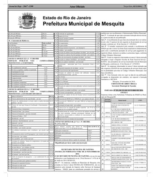 Estado do Rio de Janeiro
Prefeitura Municipal de Mesquita
Atos Oﬁciais 7Terça-feira, 02/12/2014 |Jornal de Hoje - 2667 -1100
De 301 até 500 lotes 703,10
De 501 até 1000 lotes 703,10
Acima de 1000 lotes 879,56
D – Concessão do Habite-se:
Lote Resultante Valor em Real
Até 100 lotes 383,80
De 101 até 200 lotes 488,11
De 201 até 300 lotes 875,71
De 301 até 500 lotes 1.123,30
De 501 até 1000 lotes 1.614,84
Acima de 1000 lotes 2.379,61
ANEXO X ARTIGO 222 L.C. Nº 003/2003
SERVIÇOS PÚBLICOS NÃO – COMPULSÓRIOS
PERTINENTES A CEMITÉRIOS.
REAL
1.1 Por sepultamento realizado 11,76
1.2 Por lote ou sepultura vendida ou transferida 58,83
1.3 Transladação de ossos 5,87
1.4 Transferência de local 8,81
1.5 Transferência de titularidade 17,58
1.6 Compra de nicho 11,76
1.7 Licença para obras 58,83
1.8 Em sepulturas temporárias 8,81
1.9 Em sepulturas temporárias com carneiro 14,67
2.0 Em sepulturas perpétuas 17,51
ANEXO Xl ARTIGO 223 L.C. Nº 003/2003
SERVIÇOS PÚBLICOS NÃO – COMPULSÓRIOS
PERTINENTES AATIVIDADES DIVERSAS
PREÇO PÚBLICO REAL
01 Vistoria administrativas não especiﬁcadas – por ano 46,92
02 Vistoria de estabelecimento ou locais onde se realiza diversões
públicas – por ano
46,92
03 Vistoria de local para licença de localização e funcionamento –
por ano
46,92
04 Vistoria de obras e loteamentos 58,83
05 Vistoria de obras – por vistoria 46,92
06 Vistoria de loteamento – por lote vistoriado 46,92
07 Vistoria de Prédios – TVP 62,70
08 Residencial – por m2 0,58
09 Comercial / Não Residencial – por m2 1,84
10 Industrial – por m2 2,34
11 Vistoria em veículos 58,83
12 Em ônibus – por veículo e por ano 58,83
13 Em utilitários (camionetes, vans, e similares) - por veículo e por
ano
41,01
14 Em automóveis (táxis), até 04 passageiros - por veículo e por ano 29,42
15 Em moto táxi - por veículo 29,42
16 Em caminhões - por veículo e por ano 46,92
17 Lavratura de contratos, Termos de compromisso e de ajuste por
lavratura com traslado
58,83
18 Permanência em Depósito público 117,66
19 De bens Móveis – por unidade e por dia 11,76
20 De veículos – por unidade e por dia 29,92
21 De mercadorias – por lote e por dia 11,76
22 De animais – por lote e por dia 11,76
23 Tarifa de transporte de passageiros – a ser estabelecido Por ato
do executivo
58,83
24 Serviços prestados pela vigilância sanitária 58,83
25 Alteração de responsável técnico 117,66
26 Alteração de razão social 117,66
27 Alteração de endereço 117,66
28 Certiﬁcado de regularidade 117,66
29 Registro de livros 58,83
30 Inspeção sanitária a pedido 117,66
31 Coleta de amostra 117,66
32 Por requerimento 5,88
33 Por guia emitida 2,74
34 Desarquivamento de processo – por desarquivo 5,88
35 Certidões – por certidões 16,77
36 Inscrição de cadastro ﬁscal de qualquer atividade – por inscrição 8,81
37 Alteração no cadastro ﬁscal de qualquer atividade – por cadastro 5,88
38 Baixa do encerramento de qualquer atividade – por baixa 11,76
39 Inscrição no cadastro imobiliário – por inscrição 64,42
40 Baixa no cadastro imobiliário – por inscrição 5,88
41 Autenticação / autorizadas para livros, documentos ﬁscais e
plantas
8,81
42 Suspensão temporária de atividades – por ato 5,88
43 Serviços diversos não especiﬁcados 8,81
44 Alteração do cadastro de terrenos não ediﬁcados, inclusive
transferências de nome – por lote
5,83
45 Até 10 lotes 5,88
46 De 11 a 50 lotes 2,93
47 De 51 a 100 lotes 1,74
48 Acima de 100 lotes 1,18
49 Alteração de cadastro de terreno ediﬁcados, inclusive transferência
de nome
11,75
50 Por prédio ou unidade imobiliária – por unidade 5,88
51 Por terreno correspondente – por terreno 5,88
52 Alteração do cadastro de área não loteada, inclusive transferência
de nomes
11,75
53 Área acima de 600,00 m2 a 5.000,00 m2 - por cadastro alterado 8,81
54 Área acima de 5.000,00 m2 - por cada 1.000 m2 ou fração de área
acrescida
46,91
55 Averbação de fração ideal – por unidade 8,81
56 Coleta de lixo ou remoção de entulho requerida – pra 10 m3 ou
fração de lixo ou entulho coletado
62,70
57 Estabelecimento de veículos, sem exercício de qualquer atividade,
em local permitido, cobrança previamente indicada em ato
normativo caracterizando as condições de estacionamento – por
hora ou por fração.
2,94
58 Poda de arvores ou retirada com necessidade 62,70
ANEXO XII ARTIGO 68, § 1º L.C. Nº. 003/2003.
PLANTA FISCAL
Preços mínimos correntes para cálculo do ISSQN
relativos aos itens 31,32 e 33 da lista de serviços:
Valor em REAL m²
Ediﬁcações residenciais 108,67
Ediﬁcações não residenciais 154,07
Demolição 42,01
Galpões 71,42
Ediﬁcações residenciais debaixo padrão de construção 36,41
*Republicado por haver saído com incorreção
SECRETARIA MUNICIPAL DE FAZENDA
INSTRUÇÃO NORMATIVA N°003 DE 24 NOVEMBRO DE
2014.
O SECRETÁRIO MUNICIPAL DE FAZENDA, no uso de suas
atribuições e com fundamento no art. 29 do Decreto nº 1.478, de 30
de Junho de 2014, RESOLVE:
Art. 1° - As empresas, sediadas no Município de Mesquita, rela-
cionadas no Anexo I desta INSTRUÇÃO NORMATIVA, são res-
ponsáveis pela retenção do Imposto sobre Serviços de Qualquer
Natureza – ISSQN, junto ao contribuinte prestador do serviço, e
também por seu recolhimento à Administração Pública Municipal.
Art. 2º - A retenção de que trata a presente instrução deverá iniciar-
se a partir da data de sua publicação.
Art. 3º - O recolhimento de que trata esta instrução deve ser realiza-
do até o dia 15 (quinze) do mês seguinte ao da prestação do serviço
tomado, conforme art. 28 do Decreto nº 1.478/2014.
Art. 4º - O tomador responsável pela retenção e recolhimento do
ISSQN que não o retiver na fonte ﬁcará responsável solidariamente,
junto com o contribuinte prestador do serviço pelo pagamento in-
tegral do tributo, inclusive as multas e acréscimos legais, conforme
Código Tributário Municipal.
Art. 5º - Ficam as empresas relacionadas no anexo I desta instrução
obrigadas a exigir o Registro Auxiliar de Nota Fiscal de Serviço -
RANFS - dos prestadores de serviço localizados fora do Município
de Mesquita, conforme art. 32 do Decreto nº 1.478/2014.
Art. 6º - As empresas relacionadas no anexo I desta instrução que
não exigirem o RANFS de seus prestadores de serviços ﬁcam sujei-
tas às penalidades previstas no Código Tributário Municipal, caso
haja reincidência.
Art. 7º - Esta Instrução entra em vigor na data de sua publicação,
revogadas as disposições em contrário, em especial a Instrução
Normativa n. 002/2014.
Mesquita, 24 novembro de 2014.
CRISTIANO DE ABREU BRAGA
Secretário Municipal de Fazenda
PORTARIA Nº XX, DE XX DE OUTUBRO DE 2014.
ANEXO I
Empresas eleitas como Substitutas Tributárias do ISSQN no Muni-
cípio de Mesquita/RJ.
Inscrição
Municipal
Razão Social CNPJ
1
1 IGREJA EVANGELICAASSEM-
BLEIA DE DEUS EM BENTO
RIBEIRO
34.135.756/0030-02
2 18658-0
A. F. DO VALLE SERVICOS DE
TRANSPORTE RODOVIARIO DE
CARGAS EM GERAL - EPP 08.889.761/0001-58
3 19971-0
A. P. B. CLINICA ODONTOLOGICA
LTDA - ME 11.198.038/0001-37
4
A. R. DE SENA RODRIGUES -
TRANSPORTES RODOVIARIOS
DE CARGAS - ME
11.285.349/0001-33
5 ABRIGO IRMA CATARINA 30.833.461/0001-06
6
17157-0
AERO QUIMICA INDUSTRIA E
COMERCIO DE SANEANTES E
REPRESENTACOES LTDA - EPP
73.280.984/0001-85
7 18104-0
AG DO BRASIL COMERCIO E
SERVICO LTDA - ME 07.355.041/0001-40
8 20089-0
ALBERTO TRANSPORTADORA
LTDA 11.978.476/0001-18
9 5338-0
AQUATIC CENTER DOLPHIM
ACADEMIA LTDA - ME 73.929.606/0001-80
10 21122-0
AR & COSTANZI PRESTADORA
DE SERVICOS LTDA - ME 15.302.044/0001-43
11 17289-0 ARCELORMITTAL BRASIL S.A 17.469.701/0019-04
12 17166-0 ARCELORMITTAL BRASIL S.A. 17.469.701/0041-64
13 16447-0
ARTE & OPCAO ASSESSORIA E
EMPREENDIMENTOS LTDA - ME 36.467.629/0001-93
14
ARTPROMRIO FEIRAS E EVEN-
TOS LTDA - ME
03.582.177/0001-31
15
ASSOC DE AMIGOS DA BIBLIO-
TECA COMUNITARIA OSCAR
ROMERO
30.206.163/0001-96
 