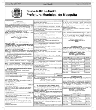Estado do Rio de Janeiro
Prefeitura Municipal de Mesquita
Atos Oﬁciais 7Terça-feira, 09/12/2014 |Jornal de Hoje - 2667 -1100
Sala do Empreendedor.
CAPÍTULO XI
DAS DISPOSIÇÕES FINAIS
Art. 44 - Os órgãos da Administração Pública Municipal deverão acom-
panhar as deliberações e os estudos desenvolvidos no âmbito do Fórum
Permanente das Microempresas e Empresas de Pequeno Porte, do Co-
mitê Gestor de Integração do Registro Empresarial – COGIRE, de que
trata o artigo 11 da Lei estadual 6.426, de 05 de abril de 2013, e do
Comitê para Gestão da Rede Nacional para a Simpliﬁcação do Registro
e da Legalização de Empresas e Negócios – REDESIM.
Art. 45 - Fica revogada a Lei nº 637 de 30 de julho de 2010, e demais
disposições em contrário.
Art. 46 - Esta lei entra em vigor na data de sua publicação.
Mesquita, 8 de dezembro de 2014
ROGELSON SANCHES FONTOURA
Prefeito
LEI Nº 871 DE 8 DE DEZEMBRO DE 2014.
Autor: Poder Executivo
“AUTORIZA O PODER EXECUTIVO A ABRIR CRÉDITO ADI-
CIONAL SUPLEMENTAR NA IMPORTÂNCIA DE R$ 4.000.000,00
(QUATRO MILHÕES DE REAIS)”
A CÂMARA MUNICIPAL DE MESQUITA, por seus representantes
legais, aprova e eu sanciono a seguinte, LEI:
Art. 1º - Fica o Poder Executivo autorizado a abrir Crédito Adicional
Suplementar no orçamento vigente na importância de R$ 4.000.000,00
(quatro milhões de reais).
SECRETARIA MUNICIPAL DE EDUCAÇÃO – SEMED
PROGRAMA DE TRABALHO:
20.07.12.361.0158.2.203 – MANUTENÇÃO DO PAGAMENTO DE
PESSOAL E OBRIGAÇÕES PATRONAIS
ELEMENTO DE DESPESA:
3.1.90.11 Vencimentos e Vantagens Fixas – Pessoal Civil 4.000.000,00 50
Total 4.000.000,00
Art. 2º - Os recursos para atender a presente suplementação são
oriundos da anulação total ou parcial das dotações abaixo relacionadas,
conforme o exposto no inciso III, do artigo 43, da Lei nº. 4.320, de
17/03/64.
SECRETARIA MUNICIPAL DE EDUCAÇÃO – SEMED
PROGRAMA DE TRABALHO:
20.07.12.122.0153.2.197 – MANUTENÇÃO DA UNIDADE
ELEMENTO DE DESPESA:
3.3.90.30 Material de Consumo 93.993,47 34
3.3.90.39 Outros Serviços de Terceiros – Pessoa Juridica 70.767,48 35
4.4.90.52 Equipamento e Material Permanente 100.000,00 36
264.760,95
PROGRAMA DE TRABALHO:
20.07.12.122.0153.2.198 – CURSO, TREINAMENTO, CAPACITA-
ÇÃO, VISITA TECNICA E OUTROS
ELEMENTO DE DESPESA:
3.3.90.14 Diaria Civil 20.000,00 37
PROGRAMA DE TRABALHO:
20.07.12.125.0154.2.199 – REALIZAÇÃO DE CURSO DE FOR-
MAÇÃO DE CONSELHEIROS, CONCESSÃO DE DIÁRIAS E
PASSAGENS
ELEMENTO DE DESPESA:
3.3.90.14 Diaria Civil 5.000,00 38
PROGRAMA DE TRABALHO:
20.07.12.243.0156.2.201 – ASSISTÊNCIAAO EDUCANDO
ELEMENTO DE DESPESA:
3.3.90.30 Material de Consumo 172.077,00 39
PROGRAMA DE TRABALHO:
20.07.12.361.0157.2.447 – MANUTENÇÃO E ADAPTAÇÕES
PREVENTIVAS, AMPLIAÇÃO E AQUISIÇÃO DE UNIDADES
ESCOLARES
ELEMENTO DE DESPESA:
3.3.90.39 Outros Serviços de Terceiros – Pessoa Juridica 1.200.000,00 49
PROGRAMA DE TRABALHO:
20.07.12.361.0160.1.110 – PLANO MUNICIPAL DE EDUCAÇÃO
ELEMENTO DE DESPESA:
3.3.90.39 Outros Serviços de Terceiros – Pessoa Juridica 86.000,00 56
PROGRAMA DE TRABALHO:
20.07.12.361.0160.2.205 – TODO CIDADÃO ALFABETIZADO
ELEMENTO DE DESPESA:
3.3.90.39 Outros Serviços de Terceiros – Pessoa Juridica 168.000,00 57
PROGRAMA DE TRABALHO:
20.07.12.361.0160.2.206 – CORREÇÃO DE FLUXO
ELEMENTO DE DESPESA:
3.3.90.39 Outros Serviços de Terceiros – Pessoa Juridica 100.000,00 58
PROGRAMA DE TRABALHO:
20.07.12.361.0160.2.207 – OFICINAS DE APRENDIZAGEM
ELEMENTO DE DESPESA:
3.3.90.39 Outros Serviços de Terceiros – Pessoa Juridica 100.000,00 59
PROGRAMA DE TRABALHO:
20.07.12.361.0160.2.208 – EDUCAÇÃO INTEGRAL
ELEMENTO DE DESPESA:
3.3.90.39 Outros Serviços de Terceiros – Pessoa Juridica 100.000,00 60
PROGRAMA DE TRABALHO:
20.07.12.361.0160.2.209 – AVALIAÇÃO DIAGNÓSTICA DO REN-
DIMENTO
ELEMENTO DE DESPESA:
3.3.90.39 Outros Serviços de Terceiros – Pessoa Juridica 100.000,00 61
PROGRAMA DE TRABALHO:
20.07.12.361.0160.2.210 – ESCOLAABERTA
ELEMENTO DE DESPESA:
3.3.90.39 Outros Serviços de Terceiros – Pessoa Juridica 100.000,00 62
PROGRAMA DE TRABALHO:
20.07.12.365.0162.2.212 – SUBVENÇÃO SOCIAL ÀS CRECHES
COMUNITÁRIAS CONVENIADAS
ELEMENTO DE DESPESA:
3.3.50.43 Subvenções Sociais 123.970,00 64
PROGRAMA DE TRABALHO:
20.10.15.451.0187.1.116 – PRAÇA PEC
ELEMENTO DE DESPESA:
4.4.90.51 Obras e Instalações 1.460.192,05 108
Total 4.000.000,00
Art. 3º - Esta Lei entrará em vigor na data de sua publicação, revogadas
as disposições em contrário.
Mesquita, 8 de dezembro de 2014
ROGELSON SANCHES FONTOURA
Prefeito
DECRETO Nº 1574 DE 8 DE DEZEMBRO DE 2014
FICA ABERTO CRÉDITO ADICIONAL SUPLEMENTAR NA
IMPORTÂNCIA DE R$ 229.857,46 (DUZENTOS E VINTE NOVE
MIL, OITOCENTOS E CINQUENTA E SETE REAIS E QUA-
RENTA E SEIS CENTAVOS).
O Prefeito do Município de Mesquita no uso de suas atribuições le-
gais, conferidas pela Lei nº 819 de 22 de janeiro de 2014, publicada
em 23/01/2014, DECRETA:
Art. 1º - Fica aberto Crédito Adicional Suplementar no orçamento vi-
gente na importância de R$ 229.857,46 (duzentos e vinte nove mil, oi-
tocentos e cinquenta e sete reais e quarenta e seis centavos).
SECRETARIA MUNICIPAL DE EDUCAÇÃO – SEMED
PROGRAMA DE TRABALHO:
20.07.12.361.0157.2.203 – Manutenção do Pagamento de Pessoal e
Obrigações Patronais
ELEMENTO DE DESPESA:
3.1.90.11.03 Vencimentos e Vantagens Fixas Apoio 590 229.857,46
Total do Programa 229.857,46
Art. 2º - Os recursos para atender o presente crédito adicional
suplementar são oriundos da anulação total ou parcial das dotações
abaixo relacionadas, conforme o exposto no inciso III, do artigo 43, da
Lei nº. 4.320, de 17/03/64.
PROGRAMA DE TRABALHO:
20.07.12.361.0158.2.203 – Manutenção do Pagamento de Pessoal e
Obrigações Patronais
ELEMENTO DE DESPESA:
3.1.90.11 Vencimentos e Vantagens Fixas Pessoal Civil 51 229.857,46
Total do Programa 229.857,46
Art. 3º - Este Decreto entrará em vigor na data de sua publicação,
produzindo efeitos a partir de 08 de dezembro de 2014, revogando-se às
disposições em contrário.
Mesquita, 5 de dezembro de 2014.
ROGELSON SANCHES FONTOURA
Prefeito
PORTARIA Nº 740/2014.
O PREFEITO MUNICIPAL DE MESQUITA, no uso de suas atri-
buições torna público a lista dos convocados Eliminados no Edital
Nº004/2014, referente ao Convenio nº 797539/2013, para Agentes
Sociais de Esporte e Lazer, Coordenadores de Núcleo e Coordenador
Pedagógico do Programa Esporte e Lazer da Cidade.
Mesquita, RJ, 8 de dezembro de 2014.
ROGELSON SANCHES FONTOURA
Prefeito
Função no PELC Nome Situação
Coordenador de Núcleo Alexandre Clemente da Silva ELIMINADO
Coordenador de Núcleo Robson Fernandes Ribeiro ELIMINADO
Coordenador de Núcleo Agostinho Ribeiro dos Santos Filho ELIMINADO
Agente Social Anderson Ribeiro Passos ELIMINADO
Agente Social Eliane Barroso de Castro ELIMINADO
Agente Social Jorge Castor ELIMINADO
Agente Social Priscila Rodrigues da Silva ELIMINADO
Agente Social Sebastião da Silva Cardoso Vieira ELIMINADO
Agente Social Vagner Luis Silva das Neves ELIMINADO
Agente Social Valcira Souza da Silva ELIMINADO
PORTARIA Nº 741/2014.
O PREFEITO MUNICIPAL DE MESQUITA, no uso de suas atri-
buições convoca o Cadastro de Reserva, os proﬁssionais do Programa
de Esporte Lazer na Cidade – PELC, abaixo relacionados para assi-
natura do contrato de trabalho por tempo determinado, classiﬁcados no
cadastro de reserva no processo de seleção, conforme Edital SEMELT
nº 004/2014 (republicados no Jornal de Hoje em 21/10/2014) e pro-
cessos nº 05/6678/14, convênio nº 797539/2013, com início contado
a partir da data da assinatura do contrato com término conforme con-
vênio, em 31/12/2015, com fundamento no inciso IX, do artigo 37 da
Constituição Federal, bem como a Lei Municipal 048/2001.
Mesquita, RJ, 8 de dezembro de 2014.
ROGELSON SANCHES FONTOURA
Prefeito
Horário: 10h às 16h
Função no PELC Nome
Assinatura
do Contrato
Coordenador de Núcleo Cirney da Silva Vezu 09/12/2014
Coordenador de Núcleo Leandro da Silva Rodrigues 09/12/2014
Coordenador de Núcleo Raphael Aguiar Estaves 09/12/2014
Agente Social Deniz Wilton Soares da Silva 09/12/2014
Agente Social Marcio de Souza Marinho da Silva 09/12/2014
Agente Social Ana Paula Ramos da Silva Nascimento 09/12/2014
 