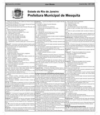 Atos Oﬁciais16| Quarta-feira, 31/12/2014 Jornal de Hoje - 2667-1100
Estado do Rio de Janeiro
Prefeitura Municipal de Mesquita
II – Número de inscrição no CPF (Cadastro de Pessoas Físicas da
Receita Federal) do ambulante;
III - Número de inscrição no CNPJ (Cadastro Nacional de Pessoas
Jurídicas da Receita Federal), se for o caso;
IV – número da inscrição anterior junto à Fazenda Municipal, caso
exista;
V – número da Inscrição Estadual, caso exista;
VI - nome ou razão social do contribuinte;
VII – endereço completo do ambulante, se for o caso;
VIII – nome fantasia, caso exista;
IX – local onde a atividade será exercida;
X – período no qual a atividade será exercida;
XI – horário no qual a atividade será exercida;
XII – atividade a ser desenvolvida;
XIII – área utilizada para o exercício das atividades;
XIV – equipamentos e utensílios usados para o exercício da ativi-
dade;
Parágrafo 5º - A inscrição ou atualização cadastral tratada no pará-
grafo anterior deverá ainda conter a previsão do número máximo de
pessoas por dia de evento, nas seguintes hipóteses:
I – Espetáculos teatrais;
II – Exibições cinematográﬁcas;
III – Espetáculos circenses;
IV – Programas de auditório;
V – Parques de diversões, centros de lazer e congêneres;
VI – Boates, taxi-dancing e congêneres;
VII – Shows, ballet, danças, desﬁles, bailes, óperas, concertos, reci-
tais, festivais e congêneres;
VIII – Feiras, exposições, congressos e congêneres;
IX – Bilhares, boliches e diversões eletrônicas ou não;
X – Corridas e competições de animais;
XI – Competições esportivas ou de destreza física ou intelectual,
com ou sem a participação do espectador;
XII – Execução de música;
XIII – Produção, mediante ou sem encomenda prévia, de eventos,
espetáculos, entrevistas, shows, ballet, danças, desﬁles, bailes, tea-
tros, óperas, concertos, recitais, festivais e congêneres;
XIV – Fornecimento de música para ambientes fechados ou não,
mediante transmissão por qualquer processo;
XV – Desﬁles de blocos carnavalescos ou folclóricos, trios elétricos
e congêneres;
XVI – Exibição de ﬁlmes, entrevistas, musicais, espetáculos,
shows, concertos, desﬁles, óperas, competições esportivas, de des-
treza intelectual ou congênere;
XVII – Recreação e animação, inclusive em festas e eventos de
qualquer natureza.
Art. 119 - O lançamento ou pagamento da Taxa de Licença para
Atividade Eventual, Rudimentar ou Ambulante não importa em re-
conhecimento da regularidade da atividade.
Parágrafo 1º - Os contribuintes da Taxa de Licença para Atividade
Eventual ou Ambulante são obrigados a portarem o alvará de li-
cença para exercício da atividade eventual ou ambulante, sob pena
de sujeitarem-se às penalidades previstas na legislação municipal
aplicável.
Parágrafo 2º - Do alvará de Licença para Atividade Eventual ou
Ambulante deverão constar às restrições relativas ao exercício da
atividade, em especial quanto aos locais, datas e horários licencia-
dos pela Prefeitura Municipal.
Parágrafo 3º - O pagamento da Taxa de Licença para Atividade
Eventual ou Ambulante nas vias e logradouros públicos, não dis-
pensa a cobrança da Taxa de Ocupação de Vias e Logradouros Pú-
blicos.
Art. 120- A Taxa de Licença para Atividade Eventual, Rudimen-
tar ou Ambulante será lançada em conformidade com o Anexo IX
desta Lei.
Parágrafo 1º - A Taxa de Licença para Atividade Eventual ou Am-
bulante deverá ser lançada anteriormente ao exercício da atividade
e arrecadada através de guia especíﬁca para esse ﬁm.
Parágrafo 2º – A guia de arrecadação deverá ser paga na rede ban-
cária e conterá:
I – a inscrição no Cadastro Fiscal do Município;
II – o domicílio tributário;
III – o nome ou razão social do contribuinte;
IV – o endereço para correspondência, se for o caso;
V – o nome da taxa;
VI – o valor da taxa.
VII – a indicação do exercício ﬁscal a que se refere;
VIII – a indicação dos locais de pagamento;
IX – a data de vencimento.
Art. 121 - O alvará de licença para atividade eventual ou ambulante
somente será fornecido caso:
I – o contribuinte comprove não se encontrar inadimplente em rela-
ção a quaisquer tributos municipais;
II – exista parecer favorável do órgão municipal responsável pela
ﬁscalização de obras;
III – exista parecer favorável do órgão municipal responsável pela
ﬁscalização de posturas;
IV – seja apresentado o comprovante do pagamento da taxa, se de-
vida, e da respectiva tarifa de expediente, se for o caso.
Art. 122 – Está isento do pagamento da Taxa de Licença para Ati-
vidade Eventual ou Ambulante:
I – o vendedor ambulante de jornais e revistas;
II - o engraxate;
III – o vendedor ambulante de artesanato doméstico e arte popular,
desde que de fabricação própria sem auxílio de empregados;
IV – a atividade ambulante exercida por deﬁcientes físicos perma-
nentemente incapazes;
V – o evento de responsabilidade das associações religiosas, das
associações de classe, dos clubes esportivos, dos asilos, dos orfa-
natos e das escolas primárias sem ﬁns lucrativos, observados os
requisitos da Lei;
VI – o espetáculo circense;
VII – o parque de diversão com entrada gratuita.
Parágrafo único – O Executivo Municipal, mediante decreto, re-
gulamentará a aplicação dos dispositivos relativos à Taxa de Licen-
ça para Atividade Eventual ou Ambulante.
Seção VII
Da Taxa de Licença para Funcionamento em Horário Especial
Art. 123 - O fato gerador da Taxa de Licença para Funcionamento
em Horário Especial é o exercício do poder de polícia administra-
tiva, objetivando a ﬁscalização do cumprimento da legislação mu-
nicipal que disciplina o horário de funcionamento de estabeleci-
mentos comerciais, industriais e de prestação de serviços, inclusive
entidades, sociedades ou associações civis, desportivas e religiosas
no território do Município.
Art. 124 - Como contribuinte da Taxa de Licença para Funciona-
mento em Horário Especial entende-se a pessoa física ou jurídica
devidamente inscrita como contribuinte da Taxa de Licença para
Localização e Funcionamento ou da Taxa de Fiscalização do Fun-
cionamento, conforme o caso, e que obtenha, junto à Prefeitura,
licença para funcionar em horário diverso do previsto na legislação
municipal aplicável.
Parágrafo 1º – A licença para funcionamento em horário especial
deverá ser requerida pelo responsável pela pessoa física ou jurídica.
Parágrafo 2º - O requerimento de licença para funcionamento em
horário especial será efetuado em formulário próprio até no mínimo
10 (dez) dias antes do início do exercício da atividade.
Parágrafo 3º - O requerimento para funcionamento em horário es-
pecial, dentre outras informações, deverá obrigatoriamente conter:
I – Número de inscrição no CPF (Cadastro de Pessoas Físicas da
Receita Federal) do responsável legal pela pessoa jurídica;
II – Número de inscrição no CPF (Cadastro de Pessoas Físicas da
Receita Federal) do contribuinte pessoa física;
III - Número de inscrição no CNPJ (Cadastro Nacional de Pessoas
Jurídicas da Receita Federal), se for o caso;
IV – número da inscrição anterior junto à Fazenda Municipal;
V - nome ou razão social do contribuinte;
VI – nome fantasia, caso exista;
VII – endereço completo;
VIII – atividades exercidas;
IX – área utilizada para o exercício das atividades;
X – período no qual as atividades serão exercidas em horário es-
pecial;
XI – horário no qual as atividades serão exercidas em horário es-
pecial.
Art. 125 - Não se exercerá atividade comercial, industrial ou de
prestação de serviços fora do horário previsto na legislação munici-
pal aplicável sem a emissão do respectivo alvará.
Parágrafo único - É obrigatória a aﬁxação, em local visível e aces-
sível à ﬁscalização, junto ao alvará de licença para localização e
funcionamento ou alvará de ﬁscalização do funcionamento, con-
forme o caso, do alvará de licença para funcionamento em horário
especial.
Art. 126 - A Taxa de Licença para Funcionamento em Horário Es-
pecial será arrecadada antecipadamente à concessão do respectivo
alvará, de acordo com o Anexo X desta Lei e arrecadada através de
guia especíﬁca para esse ﬁm.
Parágrafo 1º – A guia de arrecadação deverá ser paga na rede ban-
cária.
Parágrafo 2º – Da guia de arrecadação da taxa constarão:
I – a inscrição no Cadastro Fiscal do Município;
II –o domicílio tributário;
III – o nome ou razão social do contribuinte;
IV – o endereço para correspondência, se for o caso;
V – o nome da taxa;
VI – o valor da taxa.
Parágrafo 3º – Da guia de arrecadação da taxa constarão:
I – a indicação do exercício ﬁscal a que se refere;
II – a indicação dos locais de pagamento;
III – a data de vencimento.
Art. 127 - O alvará de licença para funcionamento em horário espe-
cial somente será fornecido caso:
I – o contribuinte comprove não se encontrar inadimplente em rela-
ção a quaisquer tributos municipais;
II – em relação ao estabelecimento no qual se pretende licenciar
o exercício da atividade em horário especial, não existam débitos
para com a Fazenda Municipal;
III – exista parecer favorável do órgão municipal responsável pela
ﬁscalização de obras;
IV – exista parecer favorável do órgão municipal responsável pela
ﬁscalização de posturas;
V – seja apresentado o comprovante do pagamento da taxa, se devi-
da, e da respectiva tarifa de expediente, se for o caso.
Art. 128 – Está isento do pagamento da Taxa de Licença para Fun-
cionamento em Horário Especial:
I - a farmácia que trabalha sob regime de escala de plantões;
II – o evento de responsabilidade das associações religiosas, das
associações de classe, dos clubes esportivos, dos asilos, dos orfa-
natos e das escolas primárias sem ﬁns lucrativos, observados os
requisitos da Lei;
III – o espetáculo circense;
IV – o parque de diversão com entrada gratuita;
V - o Microempreendedor Individual, assim deﬁnido pela Lei Com-
plementar 123 e suas alterações.
Parágrafo único – A isenção prevista neste artigo não desobriga o
contribuinte de requerer a licença para funcionamento em horário
especial.
Art. 129 - Decreto baixado pelo Executivo Municipal disporá sobre
a concessão da licença para funcionamento em horário especial.
Seção VIII
Da Taxa de Licença para Execução de Obras
Art. 130 - O fato gerador da Taxa de Licença para Execução de
Obras é o exercício do poder de polícia administrativa, objetivando
a ﬁscalização do cumprimento da legislação municipal, no que con-
 